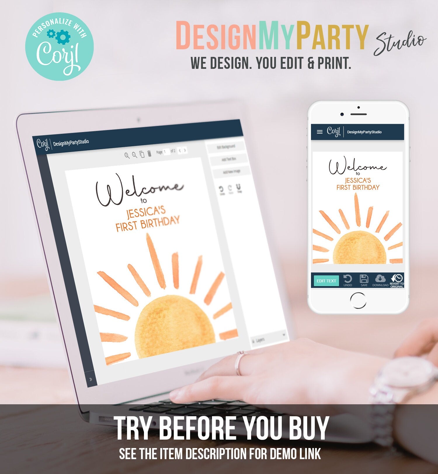 Editable Sunshine Welcome Sign First Trip Around the Sun Birthday Party Boho Gender Neutral Sun Baby Shower Template PRINTABLE Digital 0431