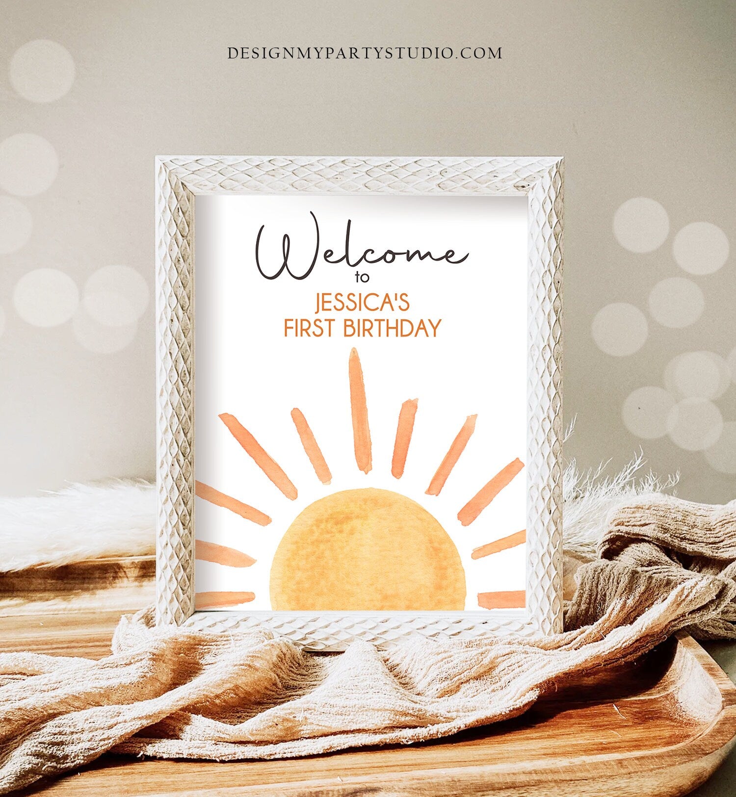 Editable Sunshine Welcome Sign First Trip Around the Sun Birthday Party Boho Gender Neutral Sun Baby Shower Template PRINTABLE Digital 0431