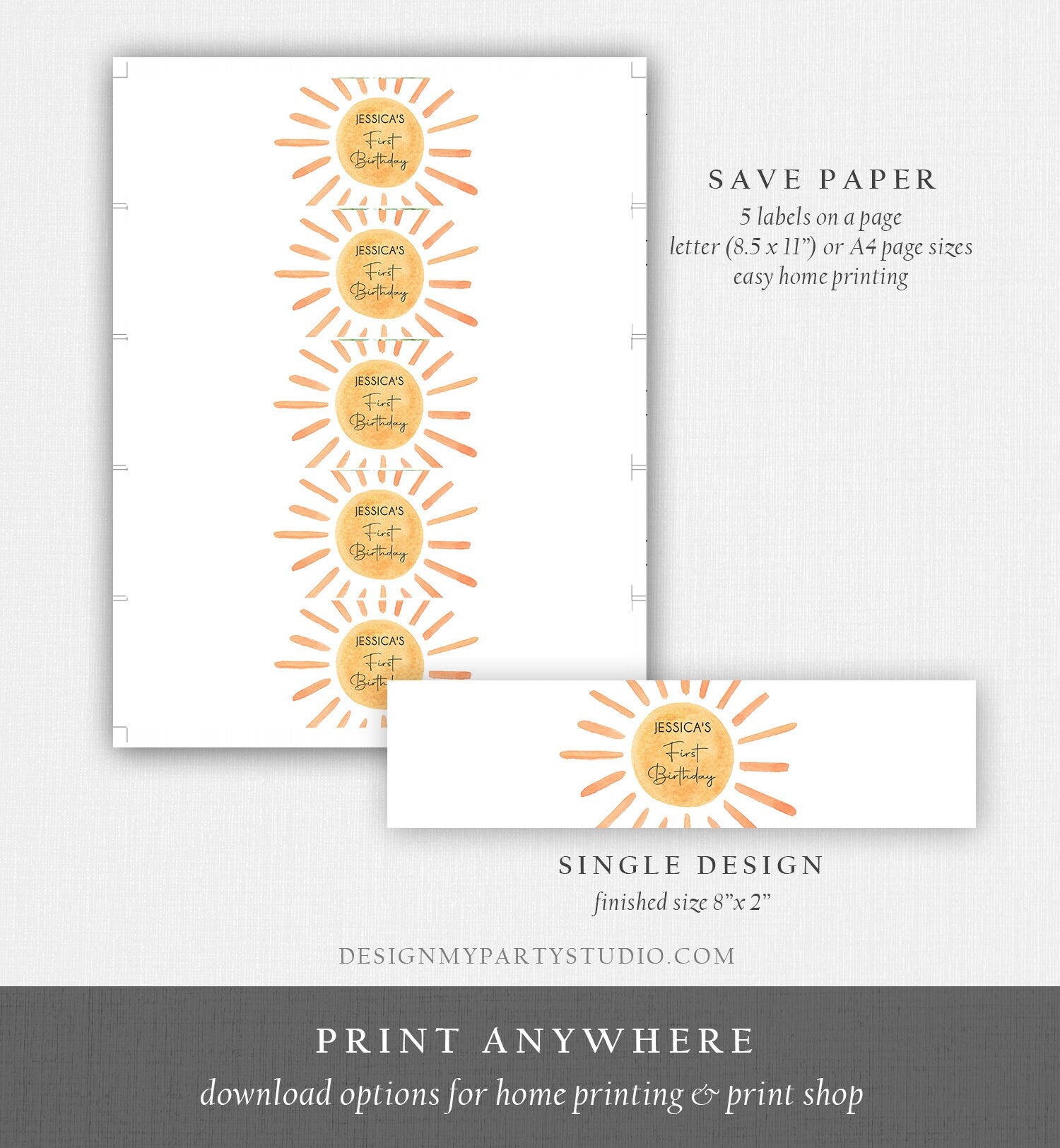 Editable Sunshine Water Bottle Labels First Trip Around the Sun Birthday Decor Summer Neutral Sun Printable Bottle Label Template Corjl 0431