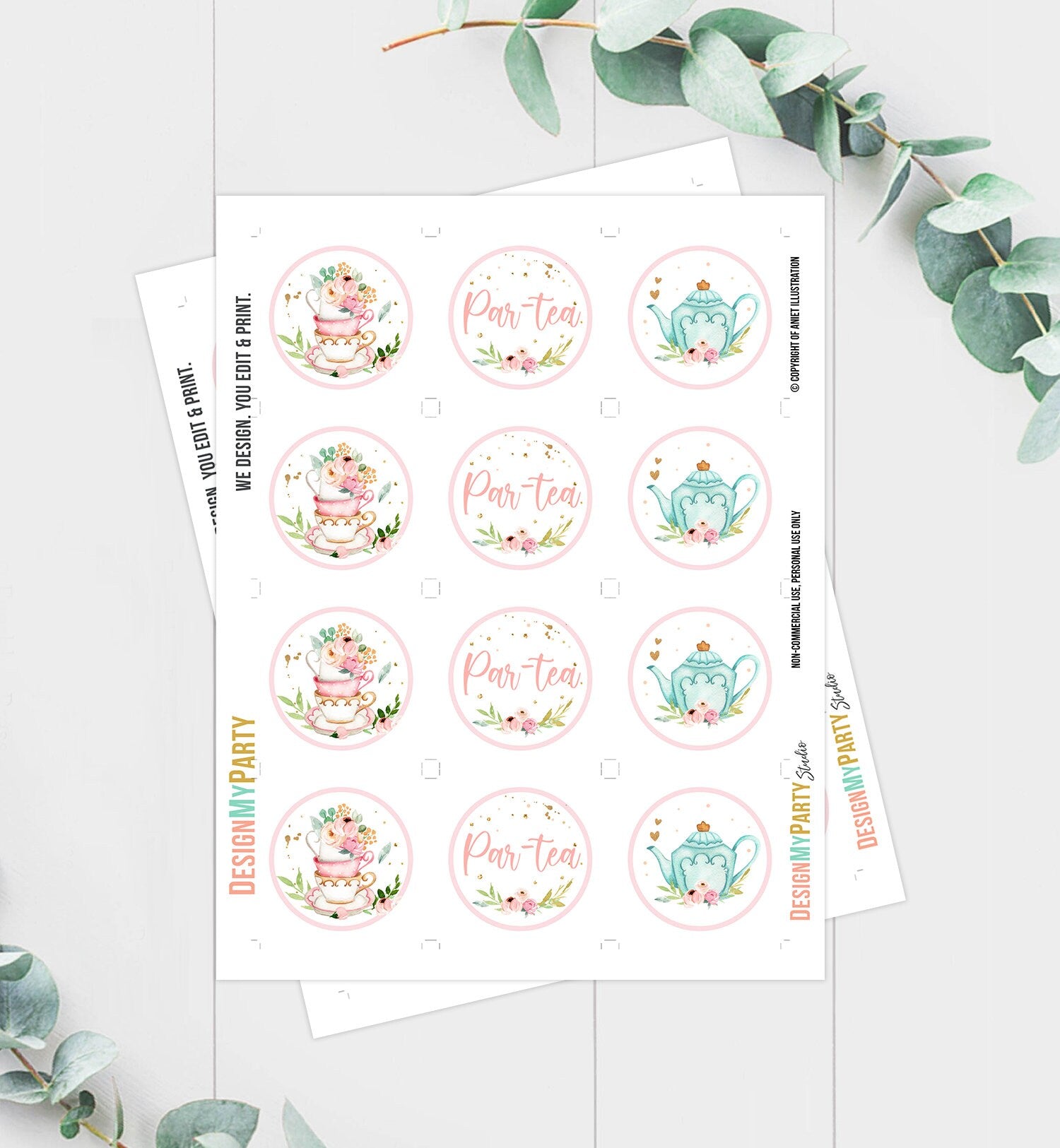 Tea Party Cupcake Toppers Tea Birthday Cupcake Toppers Favor Tag Girl Tea For Two Whimsical Floral Pink Gold Download Digital PRINTABLE 0349