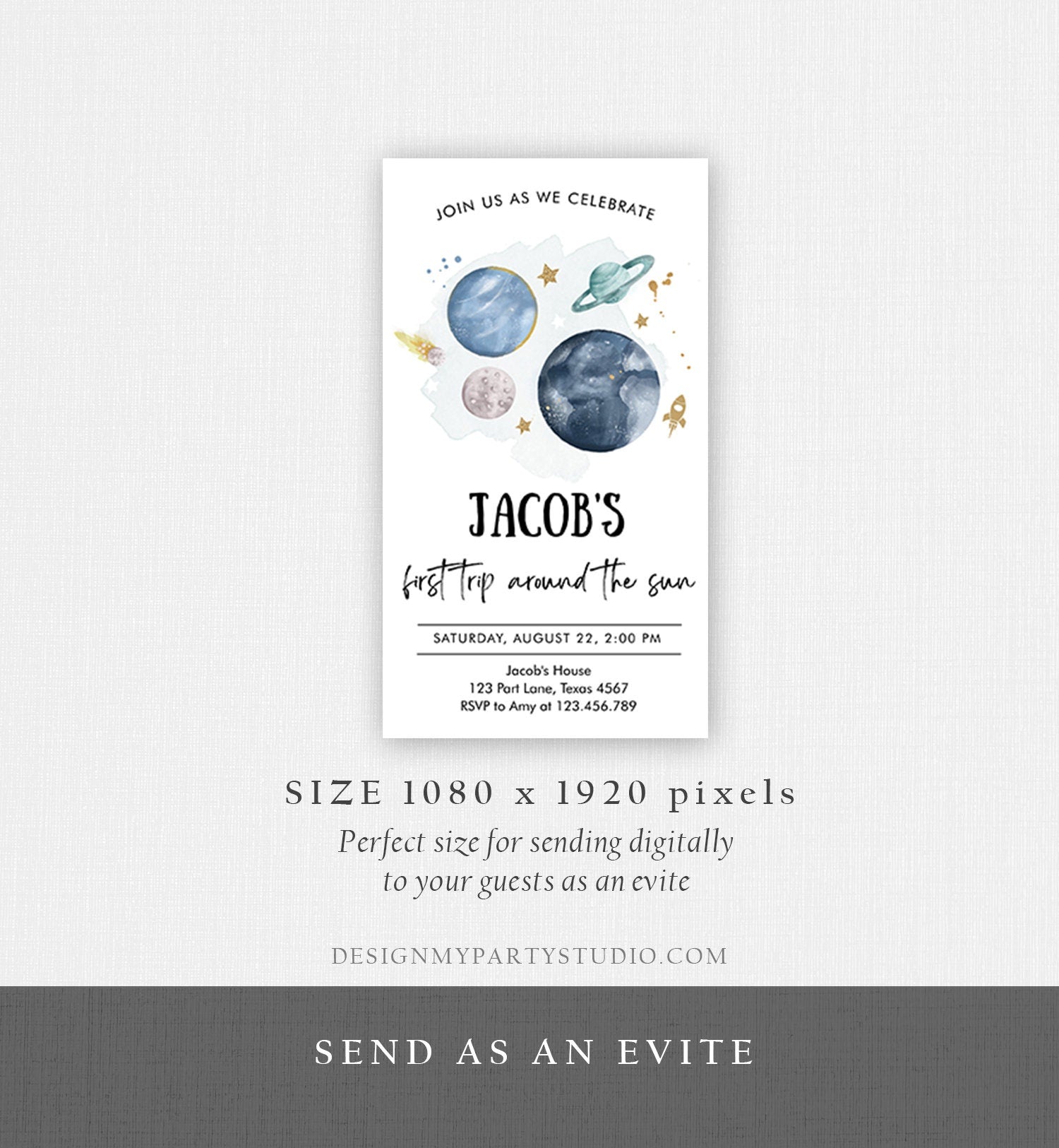 Editable Outer Space First Birthday Evite Galaxy Blast Off First Trip Around the Sun Download Invitation Phone Template Digital Corjl 0357