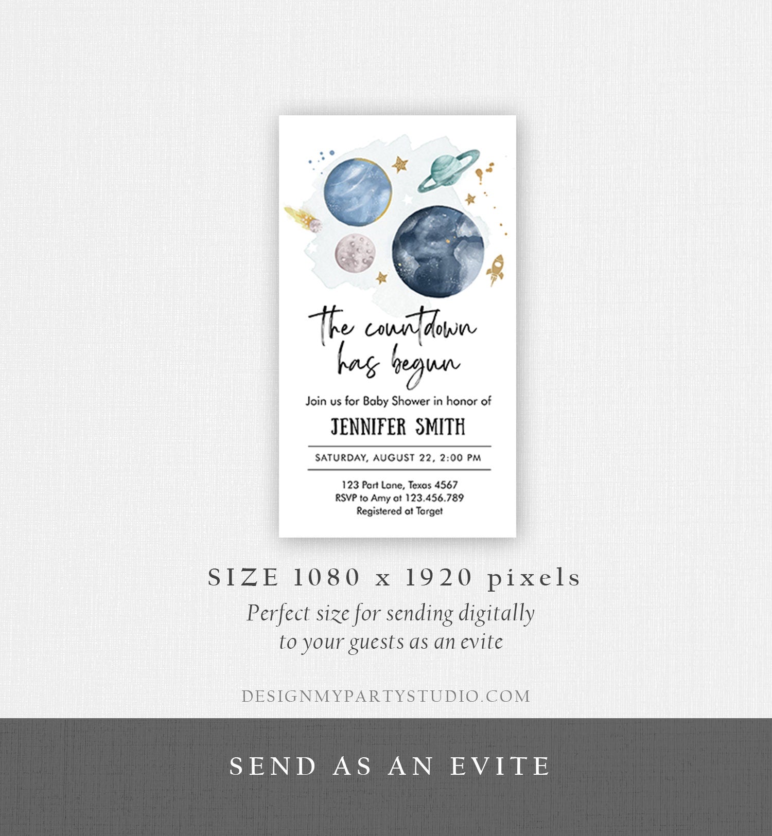 Editable Space Baby Shower Evite Galaxy Outer Space Planets Moon Countdown Electronic Invite Template Digital Instant Download Corjl 0357