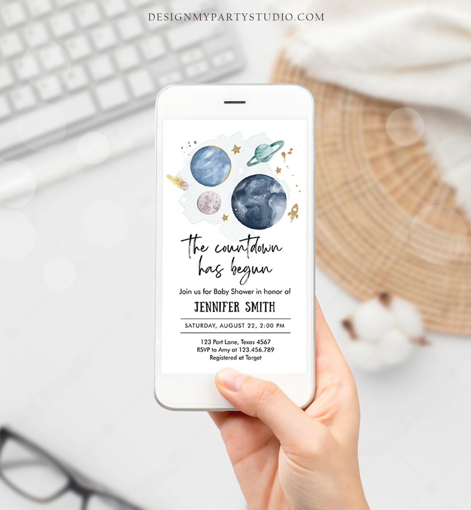 Editable Space Baby Shower Evite Galaxy Outer Space Planets Moon Countdown Electronic Invite Template Digital Instant Download Corjl 0357