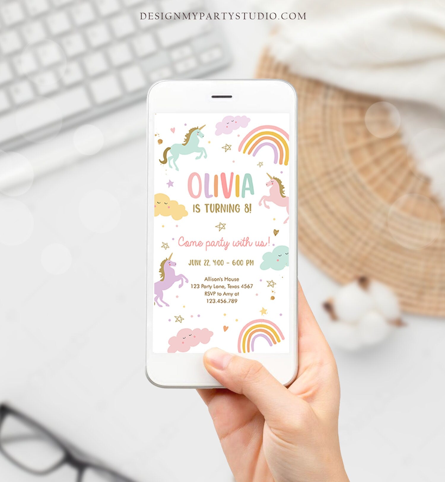 Editable Unicorn Birthday Evite Magical Party Invite Girl Pastel First Digital Unicorn Party Template Rainbow Phone Download Electronic 0426