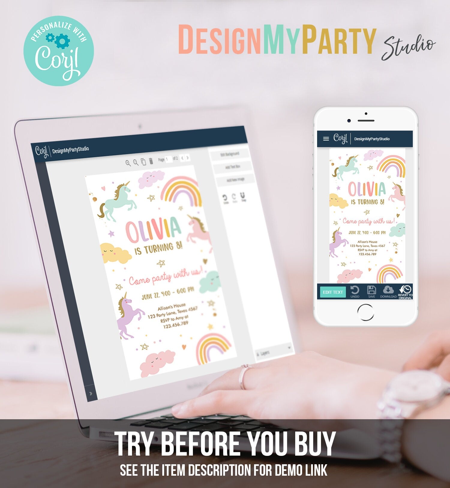 Editable Unicorn Birthday Evite Magical Party Invite Girl Pastel First Digital Unicorn Party Template Rainbow Phone Download Electronic 0426