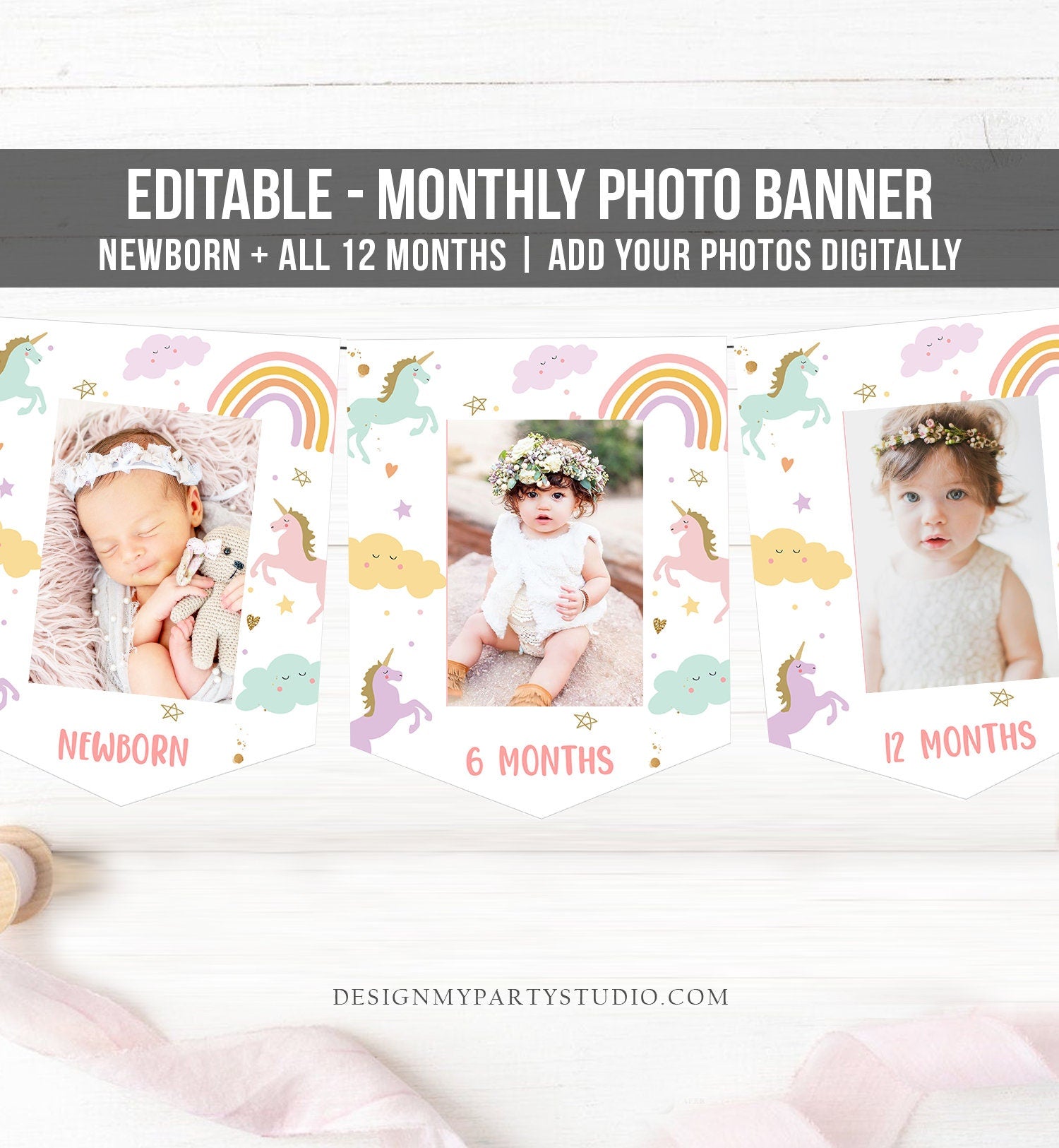 Editable Unicorn First Birthday Banner Pastel Unicorn Monthly Photo Banner Pink Girl Rainbow Unicorn Party 1st Corjl Template Printable 0426