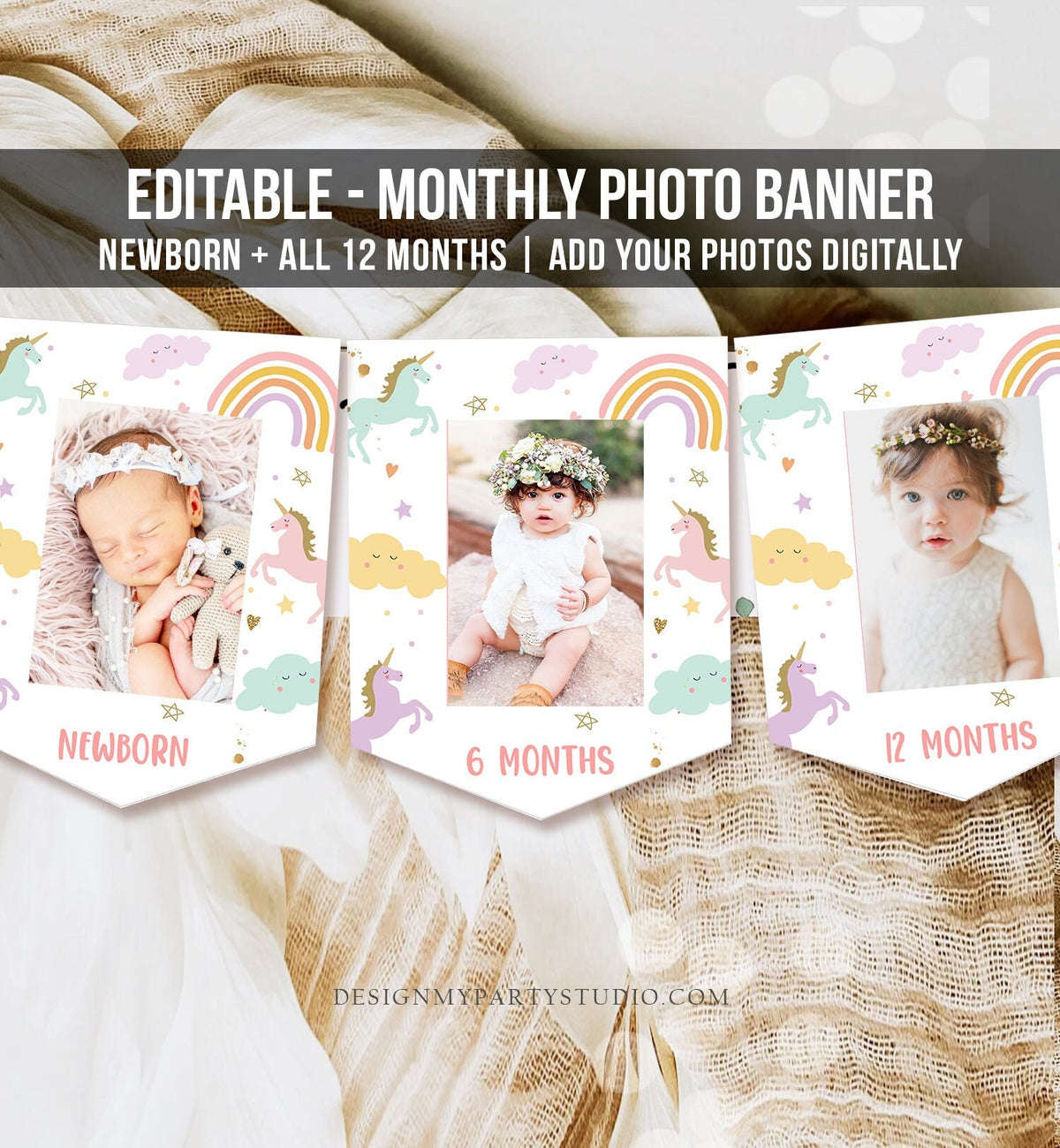 Editable Unicorn First Birthday Banner Pastel Unicorn Monthly Photo Banner Pink Girl Rainbow Unicorn Party 1st Corjl Template Printable 0426