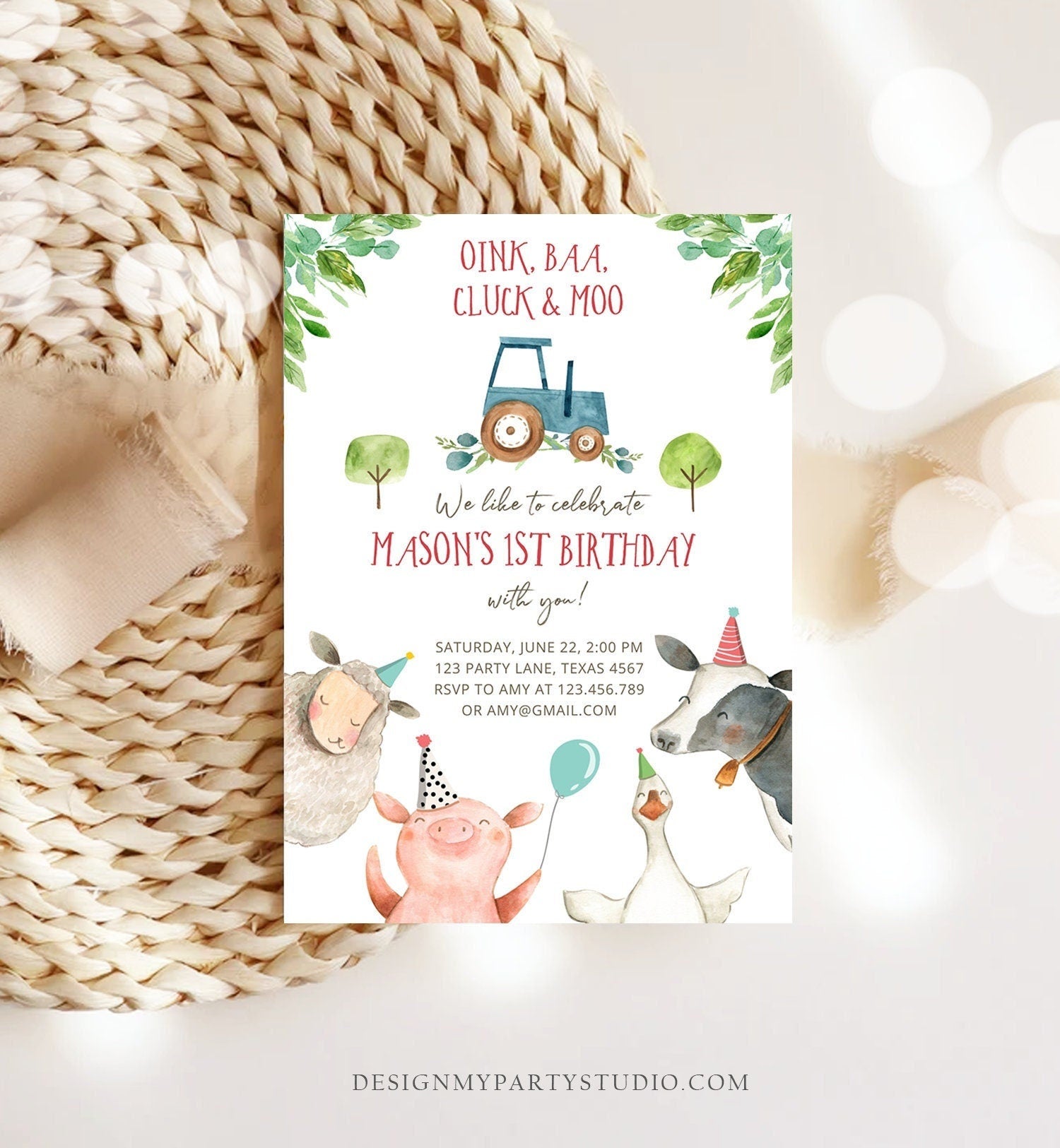 Editable Farm Birthday Invitation Boy Farm Animals Blue Tractor Barnyard Barn Birthday Party Animals Digital Corjl Template Printable 0155