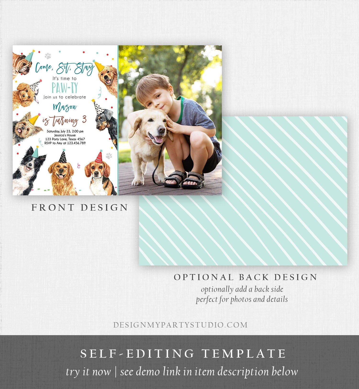 Editable Dog Birthday Party Invitation Puppy Birthday Invite Boys Blue Doggy Shelter Animal Pet Vet Download Printable Template Corjl 0384