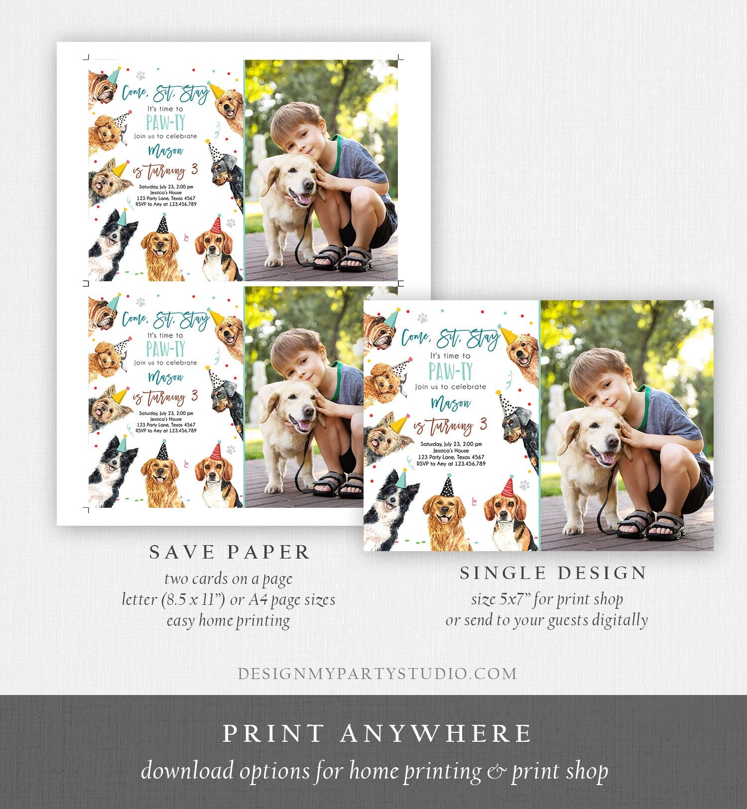 Editable Dog Birthday Party Invitation Puppy Birthday Invite Boys Blue Doggy Shelter Animal Pet Vet Download Printable Template Corjl 0384