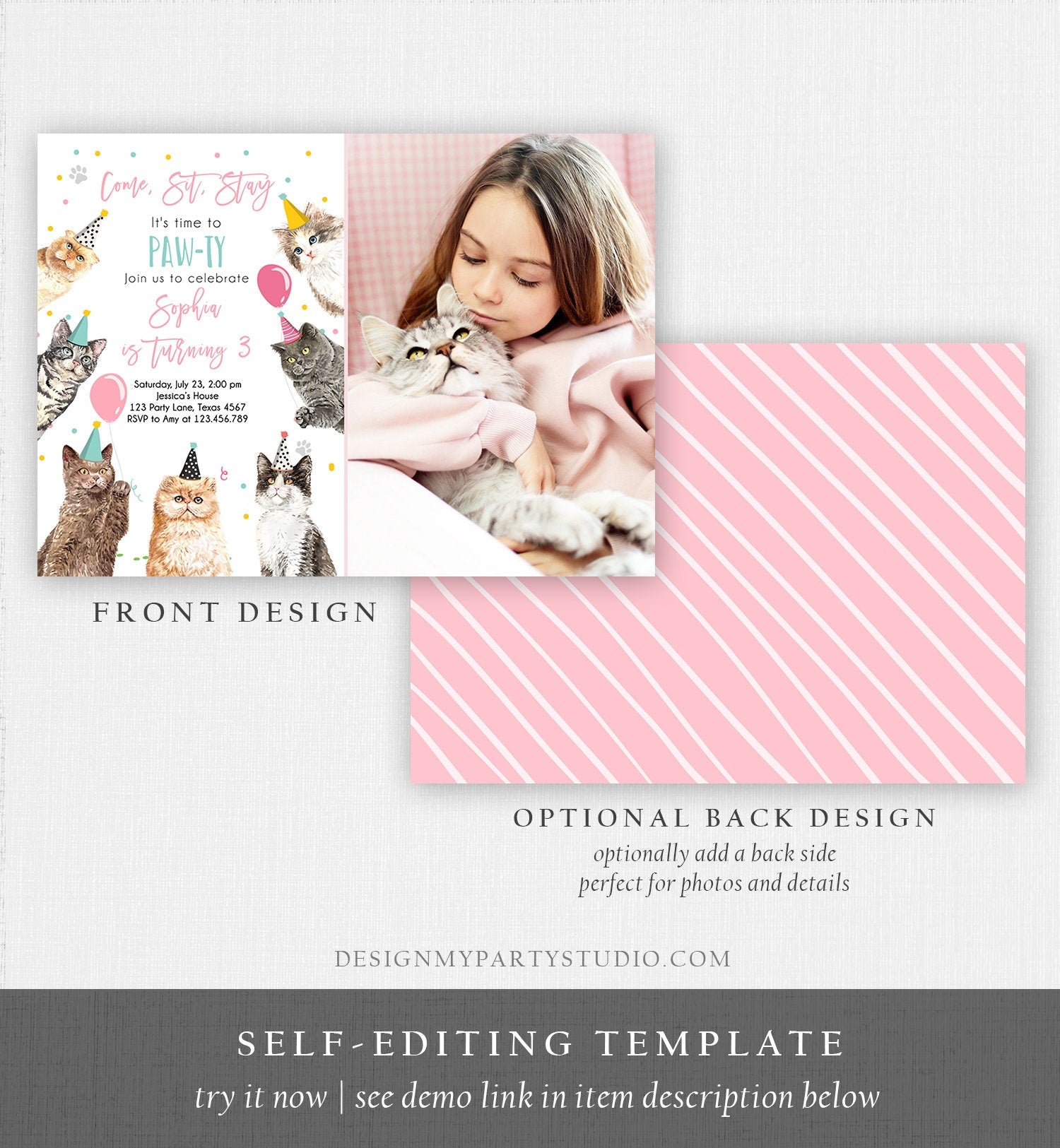 Editable Cat Birthday Party Invitation Kitten Birthday Invite Pink Girl Kitty Cat Invitation Pet Cute Download Printable Template Corjl 0384