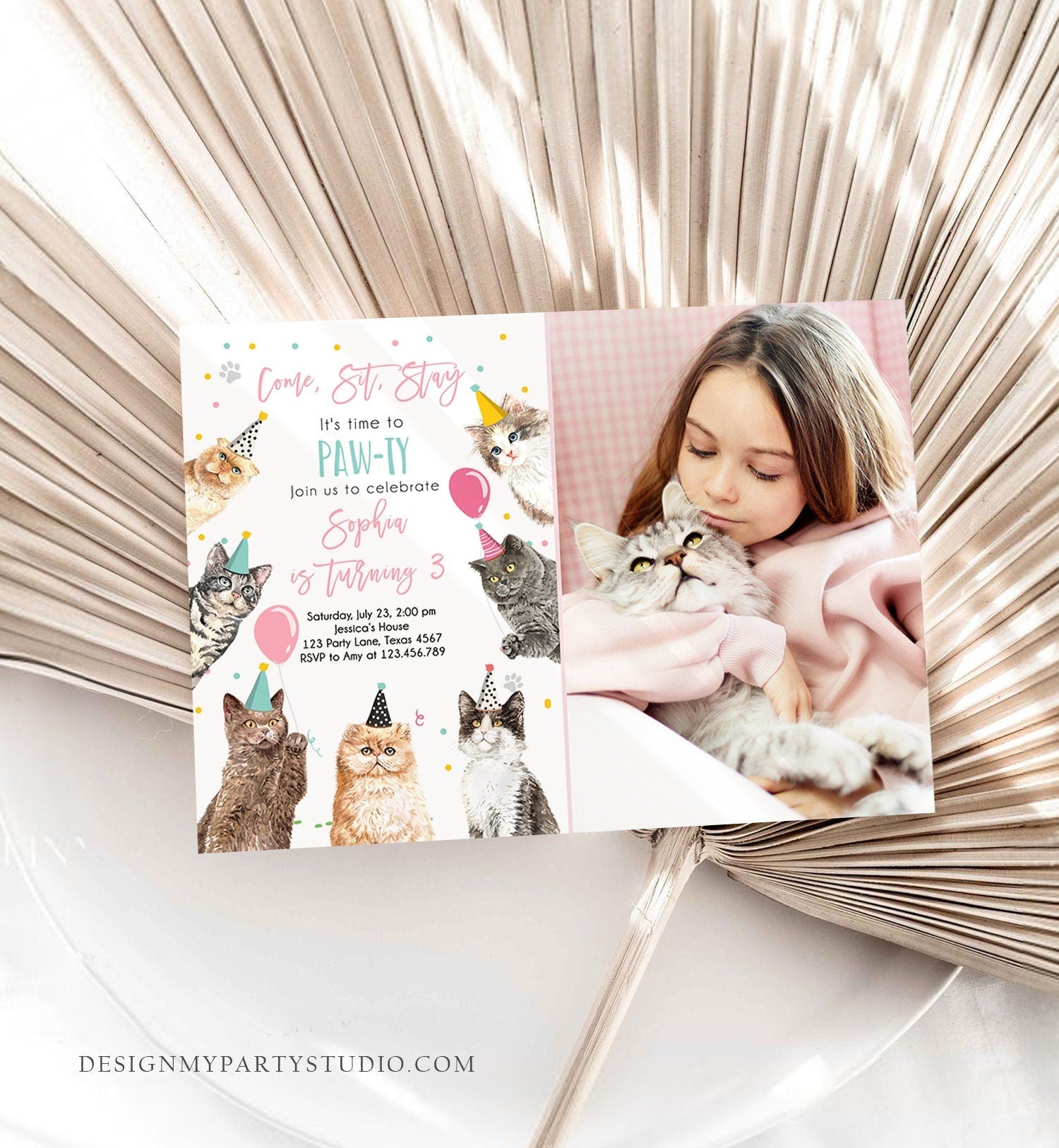 Editable Cat Birthday Party Invitation Kitten Birthday Invite Pink Girl Kitty Cat Invitation Pet Cute Download Printable Template Corjl 0384