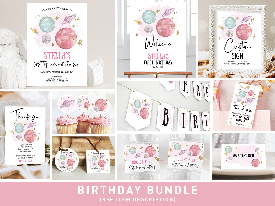 Space Birthday Invitation Bundle Space Party Birthday First Trip Around the Sun Galaxy Girl Astronaut Blast Printable Corjl Template 0357