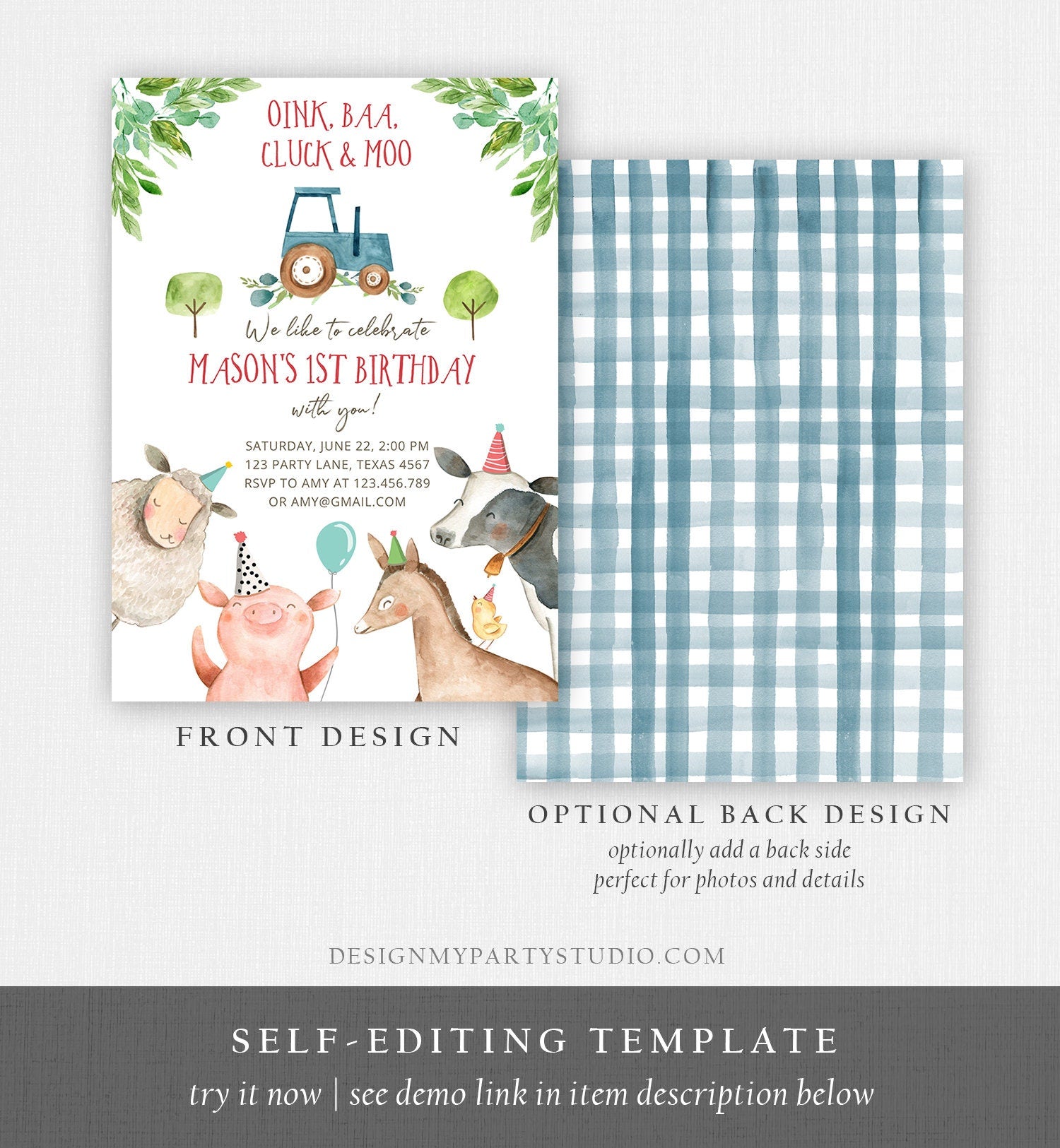 Editable Farm Birthday Invitation Boy Farm Animals Blue Tractor Barnyard Barn Birthday Party Animals Digital Corjl Template Printable 0155