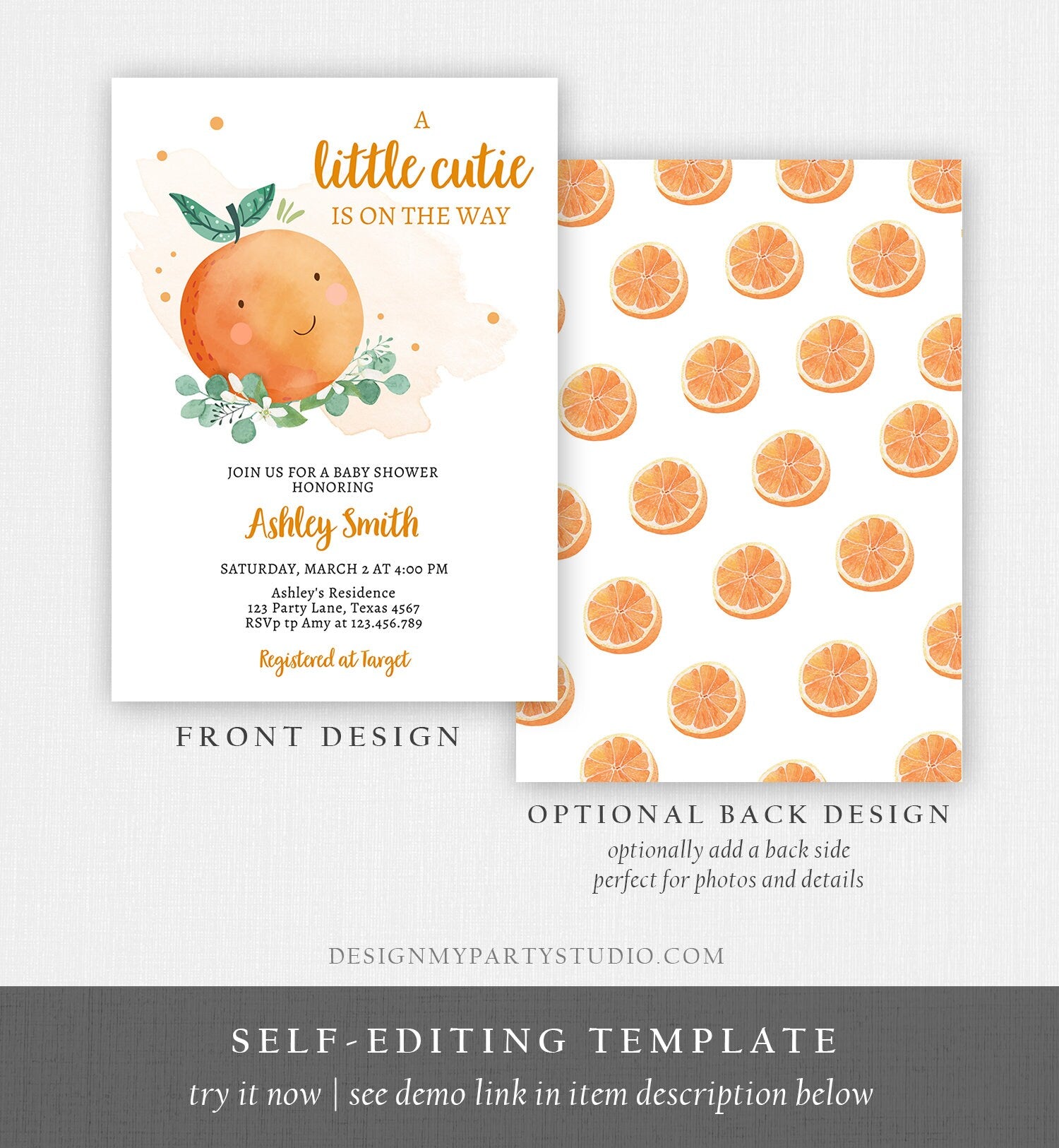 Editable Little Cutie Baby Shower Invitation Little Cutie On The Way Gender Neutral Clementine Orange Download Printable Corjl Template 0430