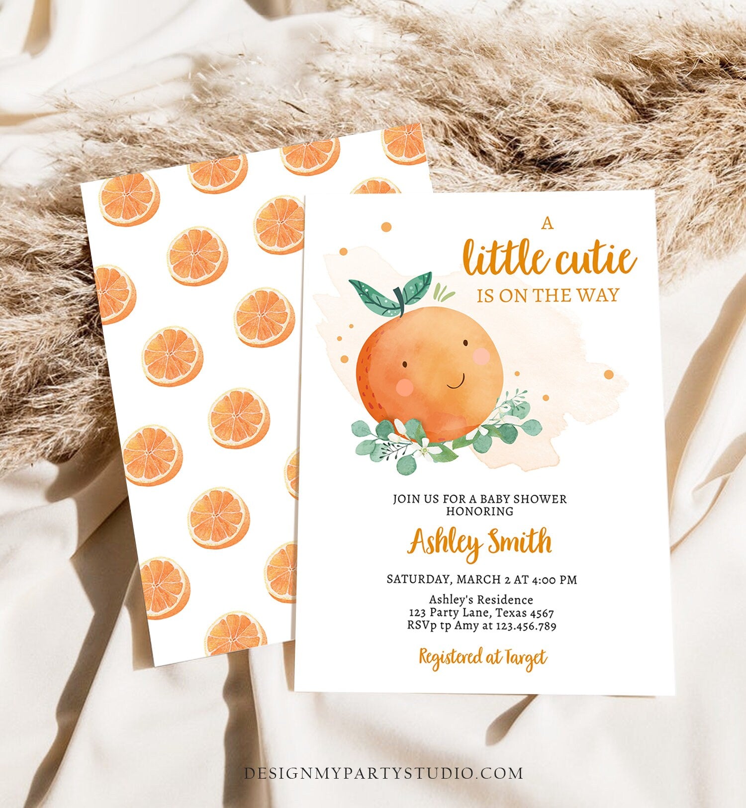 Editable Little Cutie Baby Shower Invitation Little Cutie On The Way Gender Neutral Clementine Orange Download Printable Corjl Template 0430