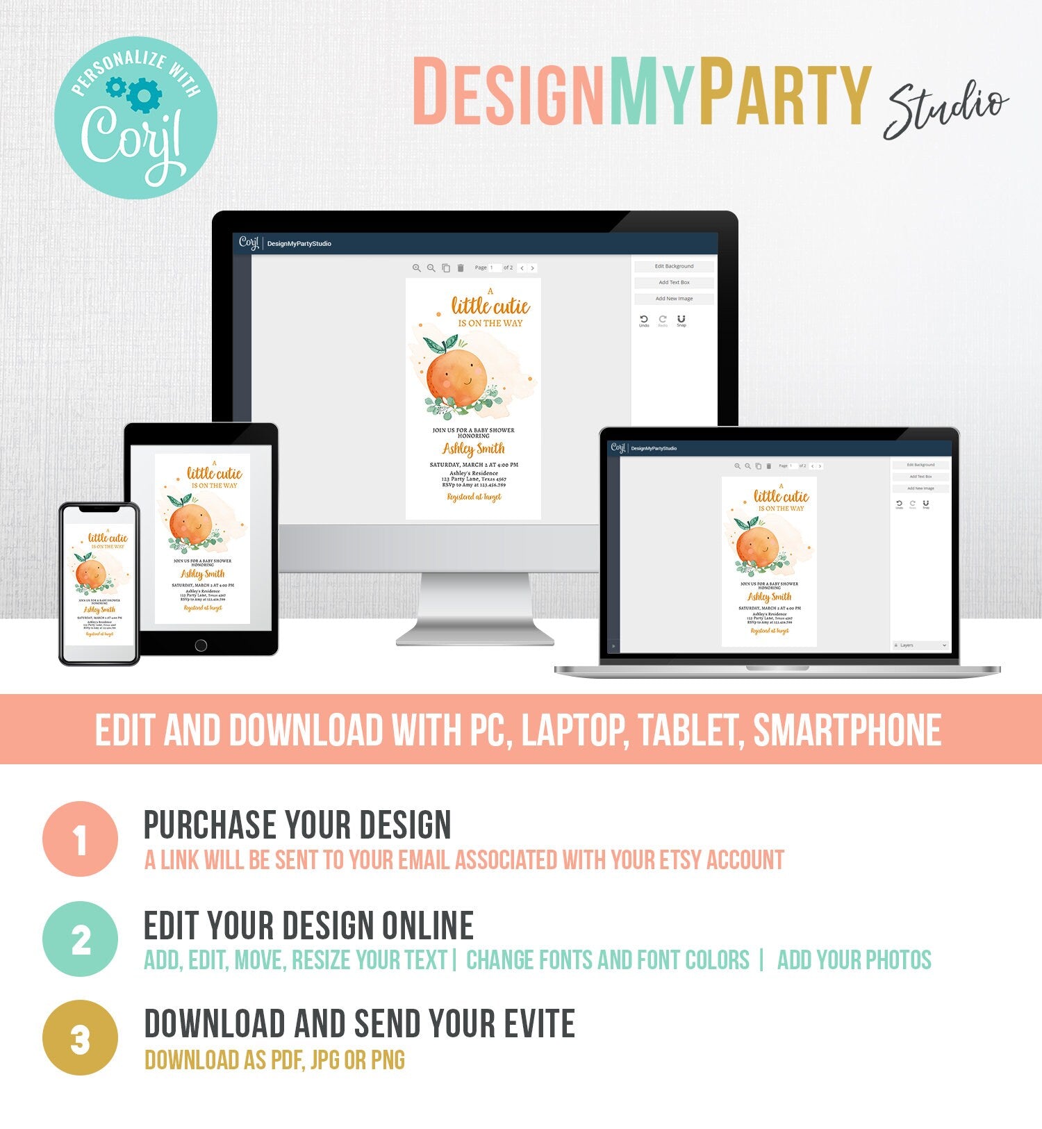 Editable Little Cutie Baby Shower Evite Little Cutie On The Way Clementine Orange Unisex Digital Download Electronic Corjl Template 0430