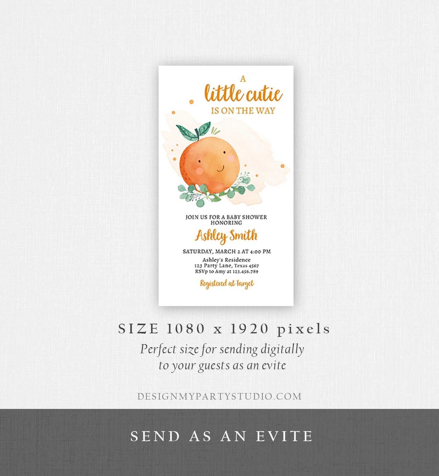 Editable Little Cutie Baby Shower Evite Little Cutie On The Way Clementine Orange Unisex Digital Download Electronic Corjl Template 0430