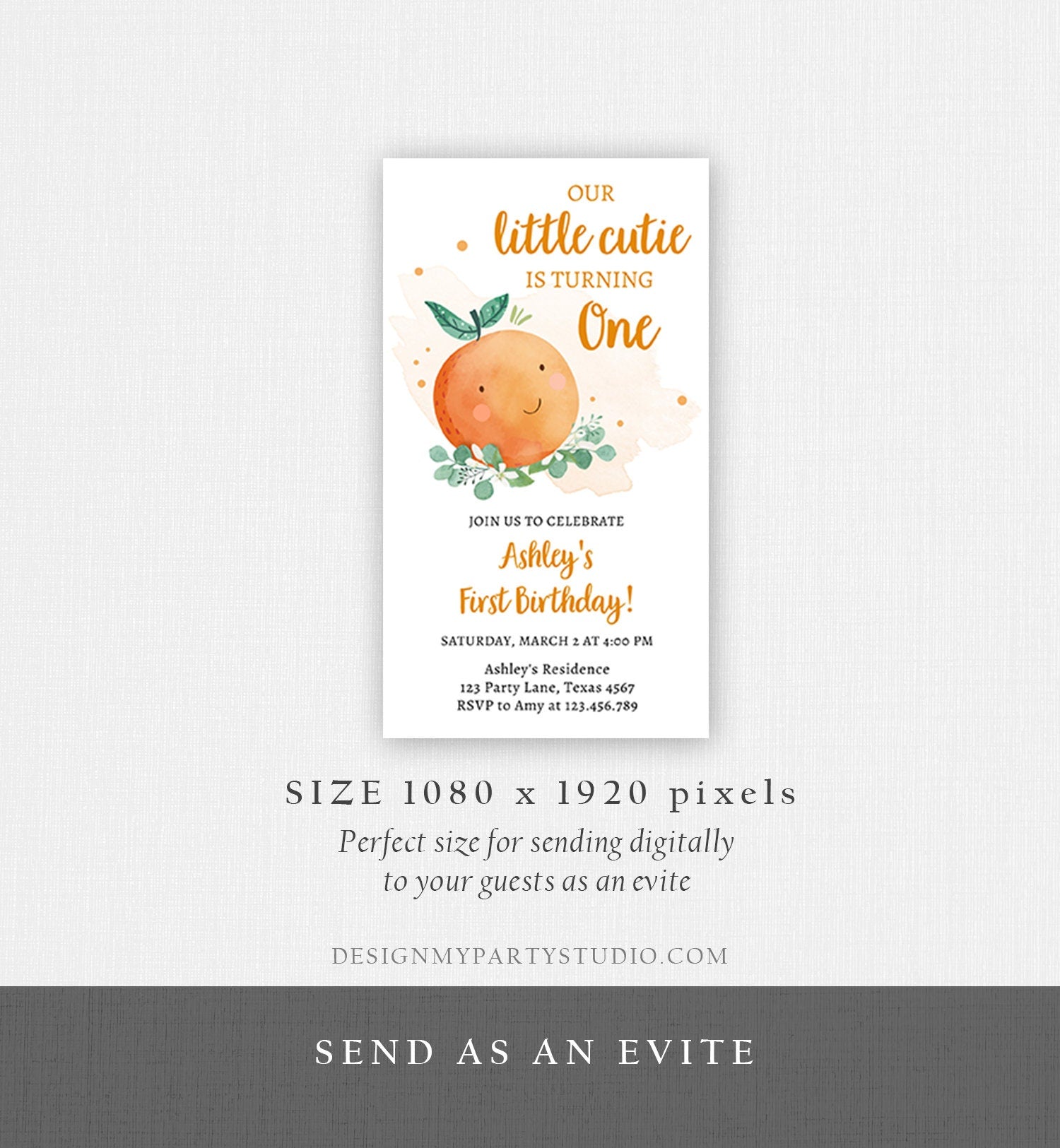 Editable Little Cutie Birthday Evite Clementine Oranges Party Unisex Orange Invitation Citrus Download Phone Electronic Corjl Template 0430