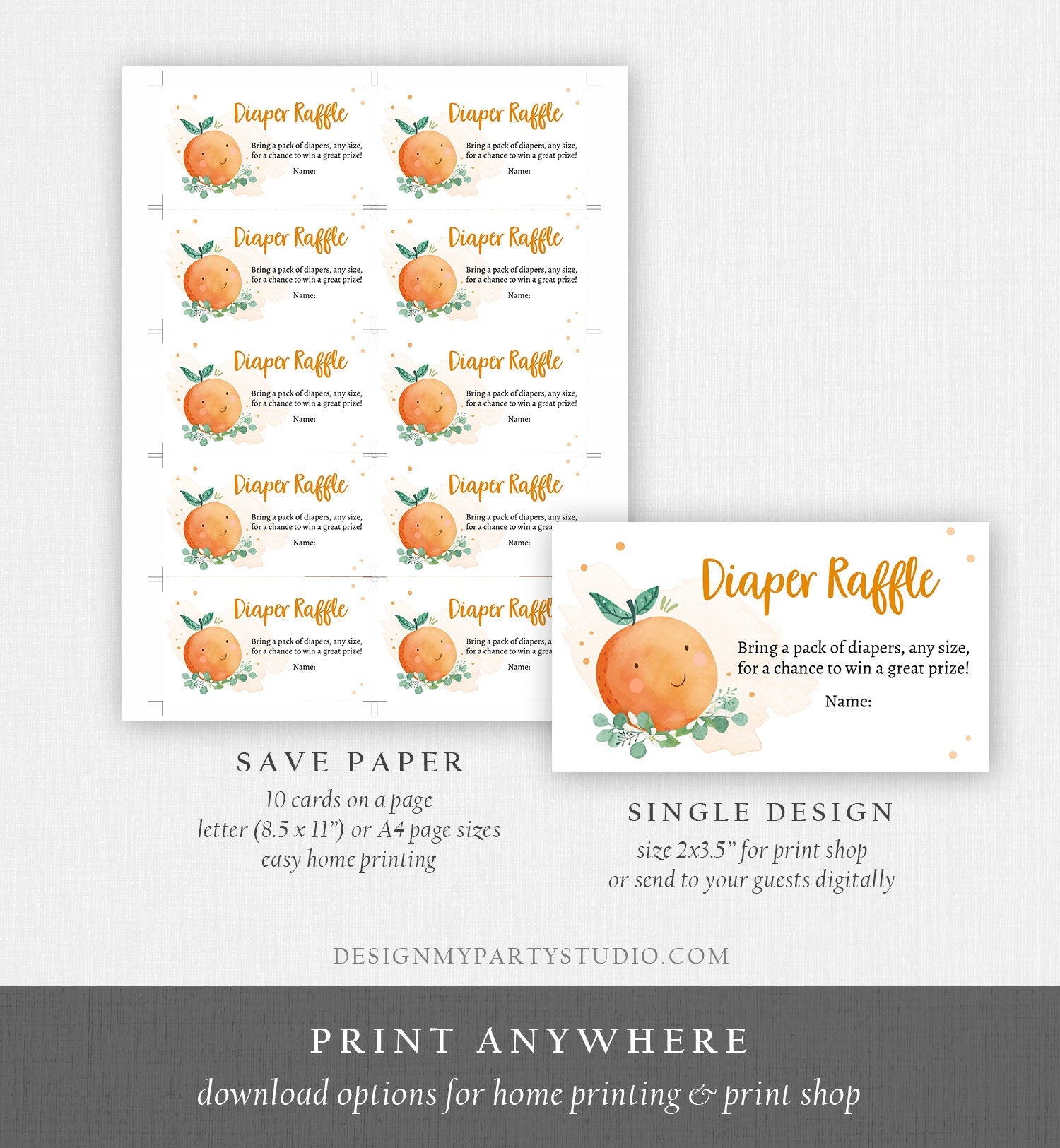 Editable Little Cutie Diaper Raffle Ticket Little Cutie Baby Shower Clementine Gender Neutral Orange Rustic Template PRINTABLE Corjl 0430