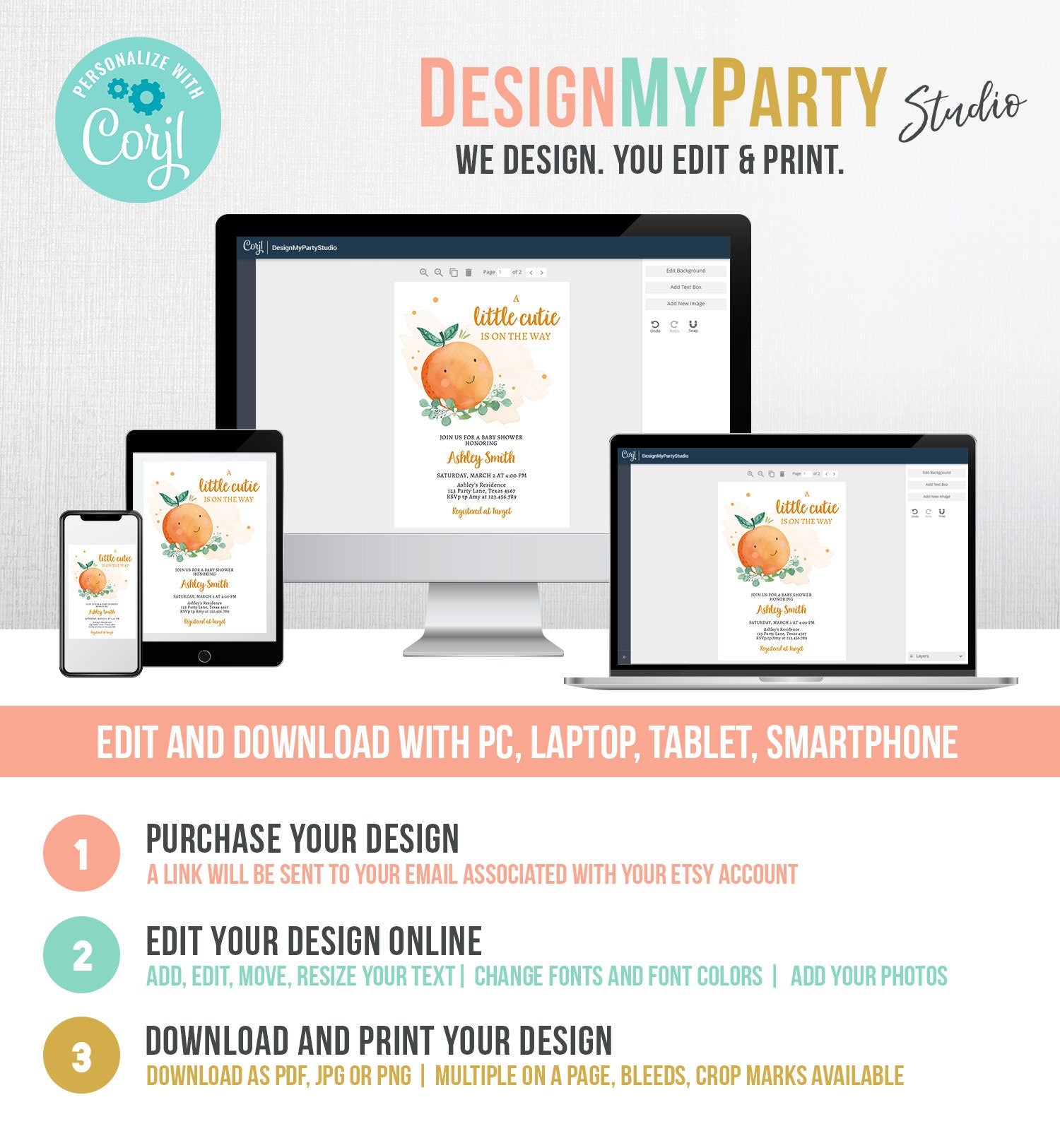 Editable Little Cutie Is On The Way Baby Shower Invitation Set Bundle Cutie Invitation Suite Orange Digital Download Template Printable 0430