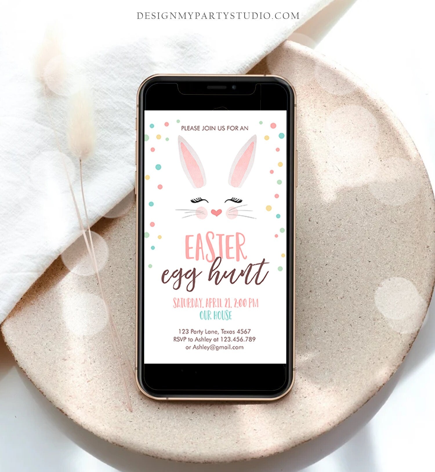 Editable Easter Egg Hunt Evite Easter Bunny Pink Easter Invitation Easter Birthday Spring Text Download Phone Template Corjl Digital 0238