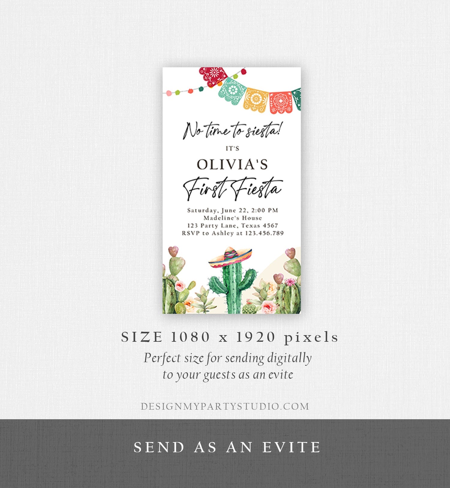 Editable Fiesta Evite First Fiesta Birthday Invitation Phone Mexican Cactus Succulent Desert Floral Digital Invitation Template Corjl 0404