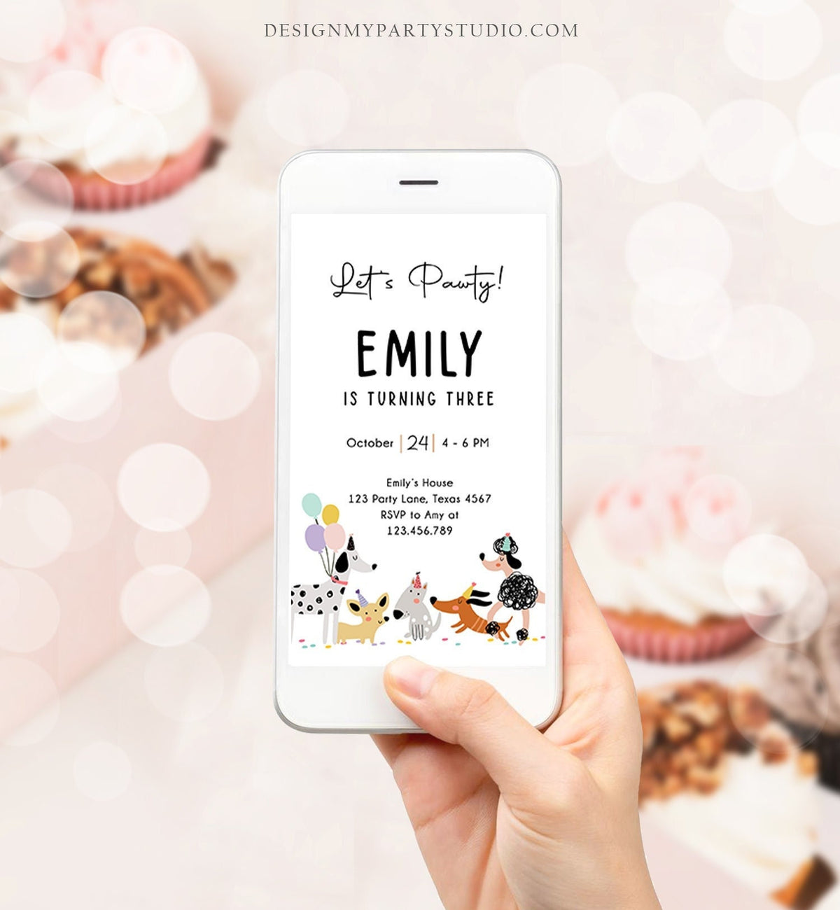 Editable Dog Birthday Party Evite Puppy Birthday Invitation Pink Girl Pawty Birthday Animal Electronic Download Phone Template Corjl 0429