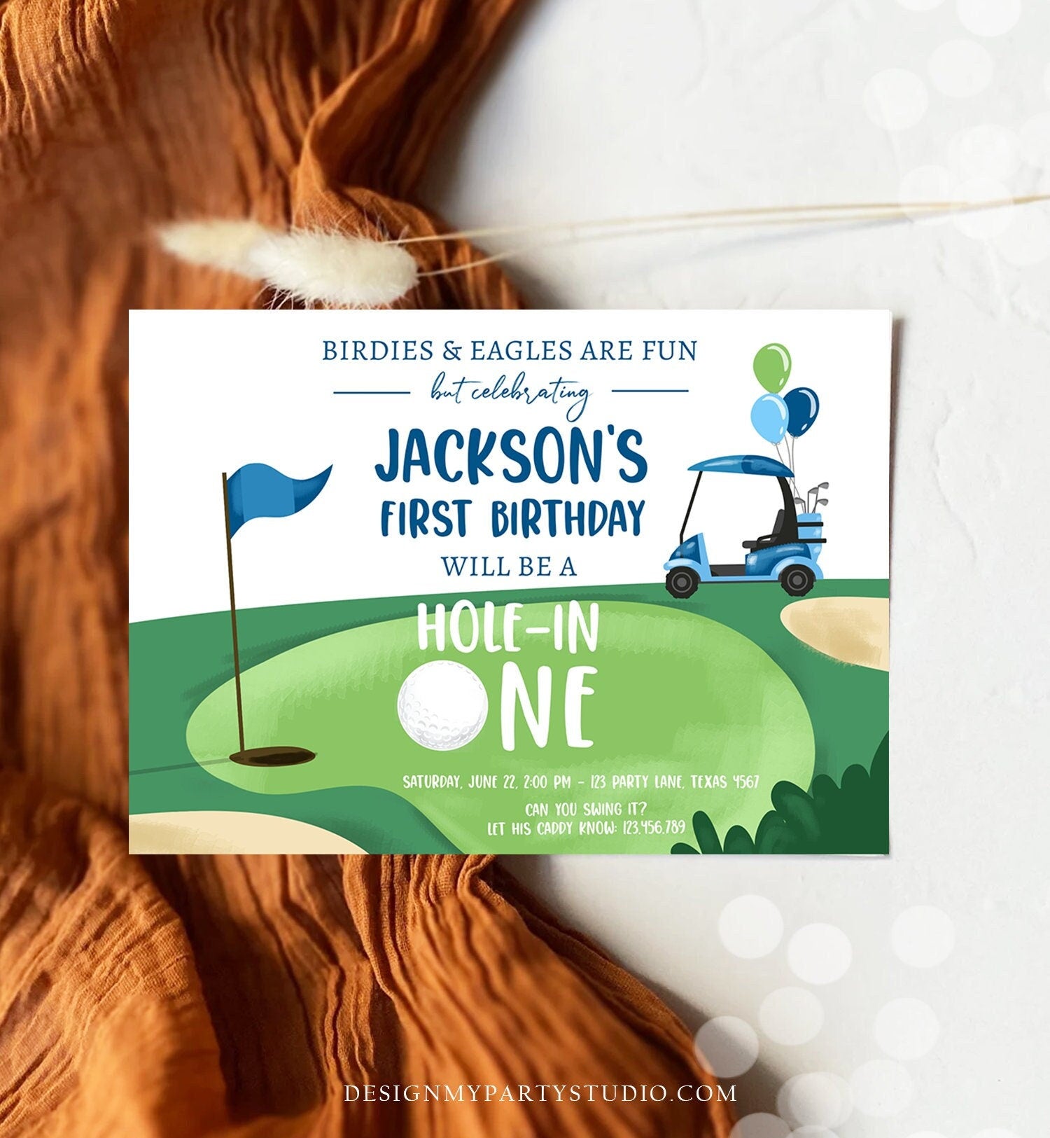 Editable Hole in One Birthday Invitation Golf First Birthday Par-tee Golf Invite Boy Golfing Download Printable Template Digital Corjl 0405