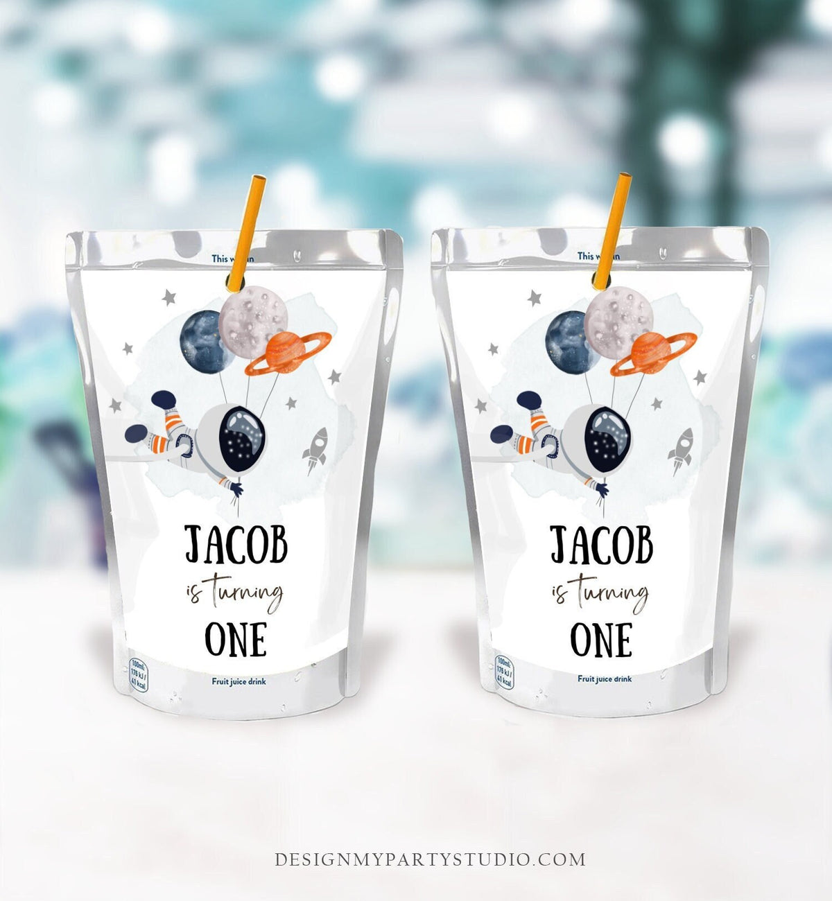 Editable Outer Space Astronaut Juice Pouch Label Juice Favors Planets Orange Boy Birthday Blue Digital Download Template Printable 0366