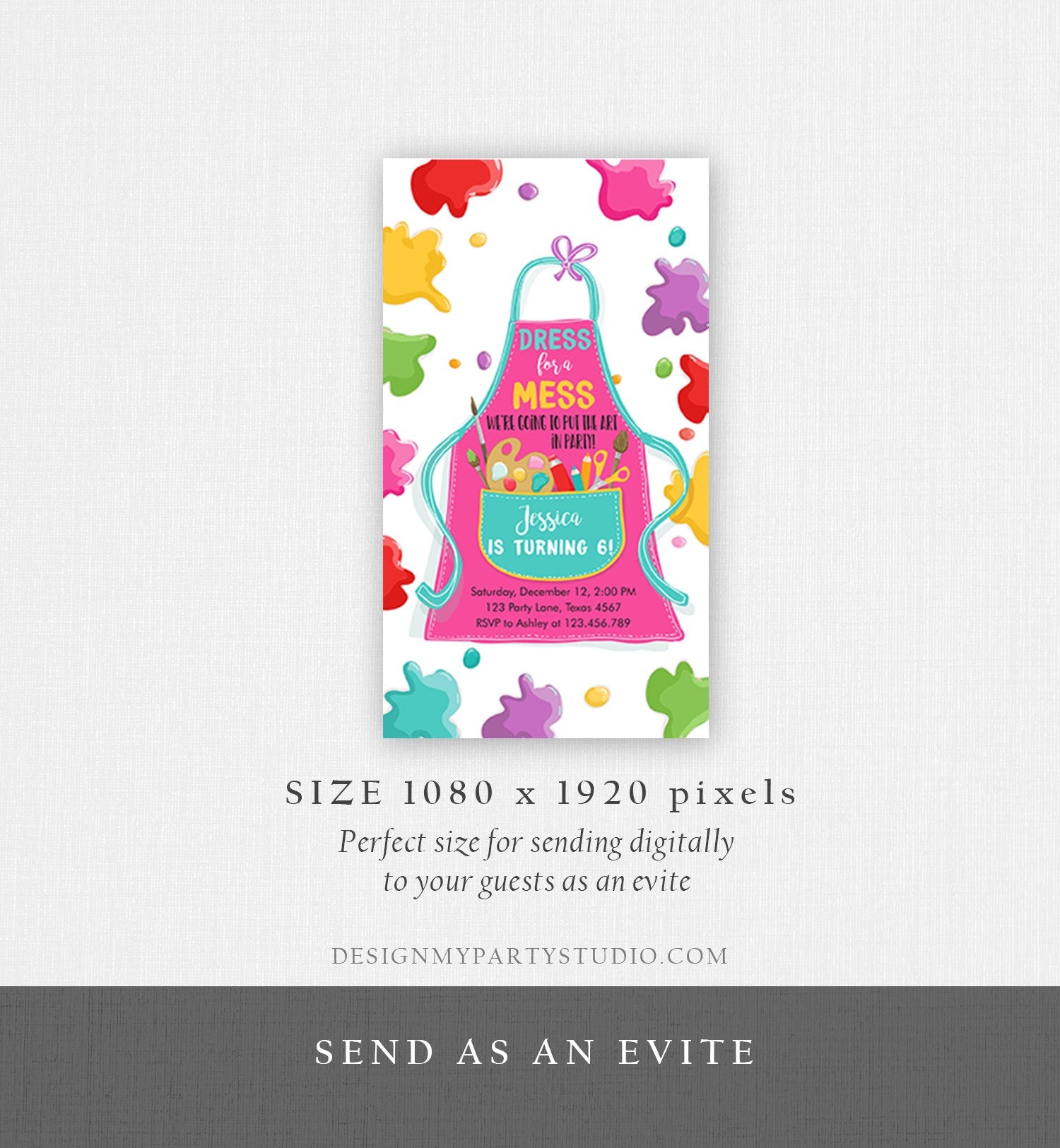 Editable Painting Party Evite Art Party Birthday Invitation Girl Paint Craft Party Digital Download Phone Electronic Evite Template 0319