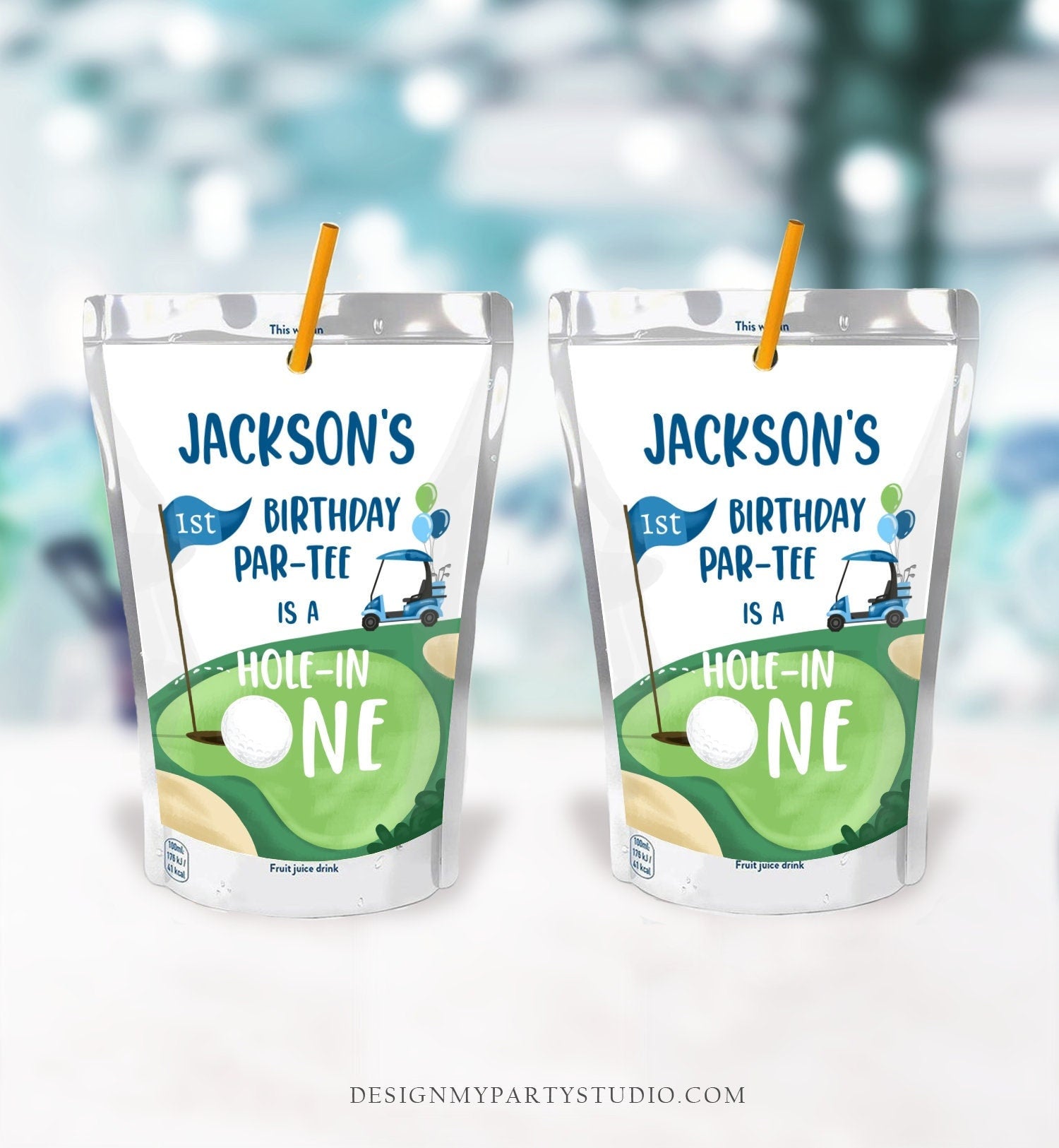 Editable Golf Hole in One Juice Pouch Label Juice Favors Par-tee Golf 1st Boy Birthday Golfing Digital Download Template Printable 0405