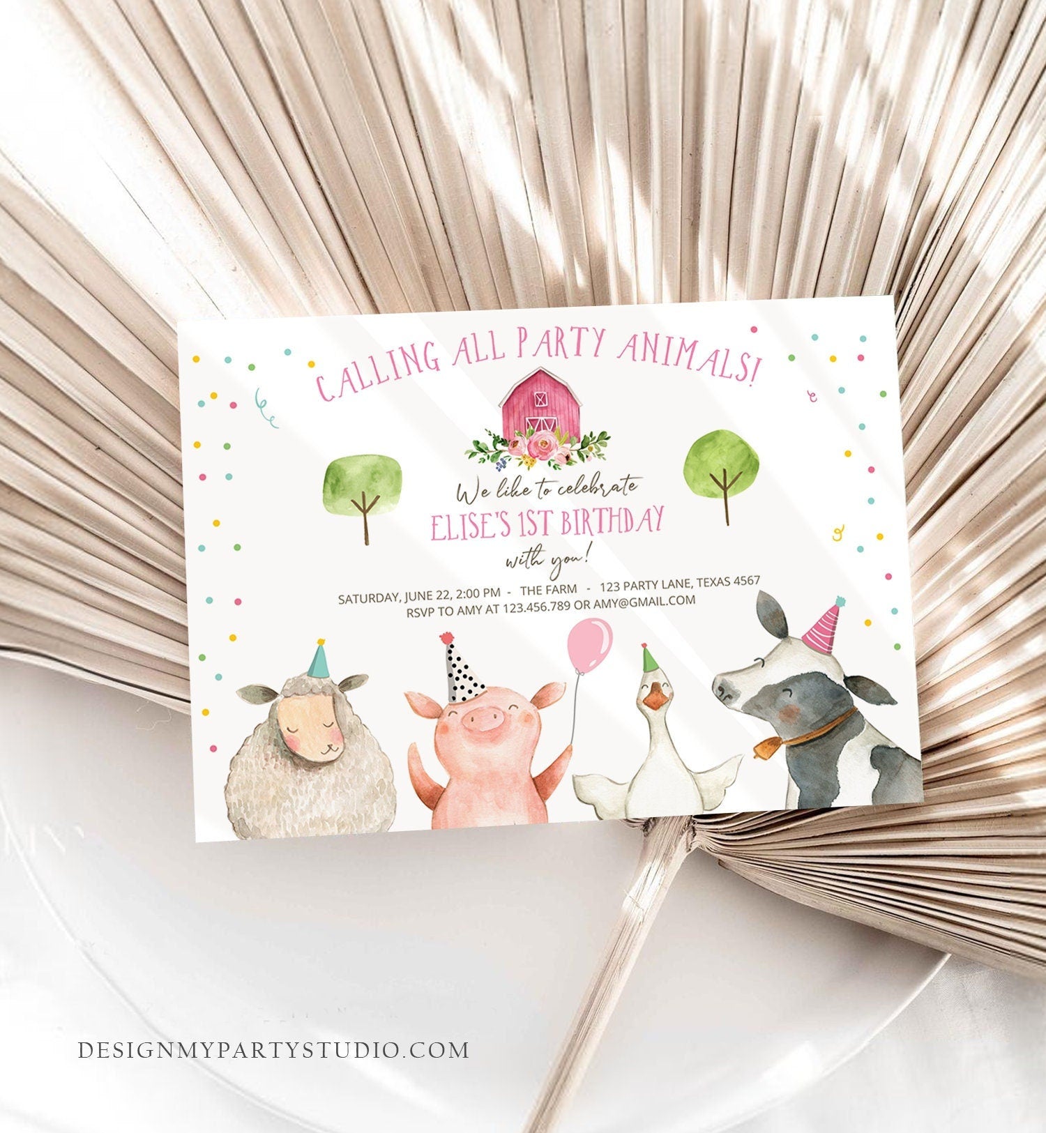 Editable Farm Animals Birthday Invitation Girl Farm Pink Barnyard Birthday Party Animals Confetti Template Digital Corjl Printable 0155