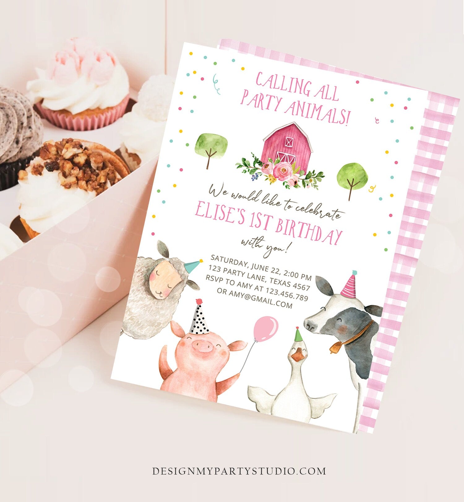 Editable Farm Animals Birthday Invitation Girl Farm Barnyard First Birthday Party Animals Confetti Download Corjl Template Printable 0155