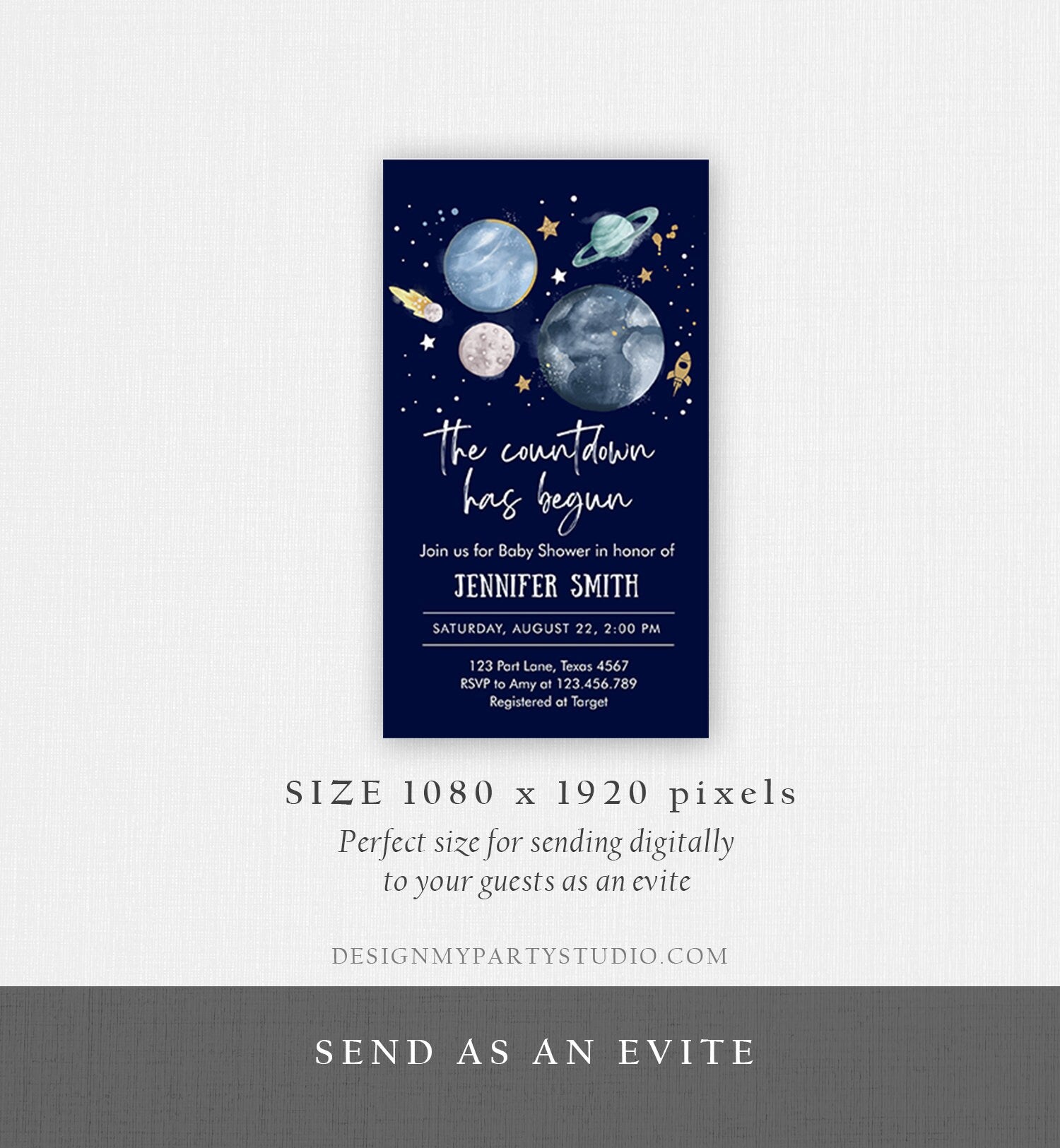 Editable Space Baby Shower Evite Galaxy Outer Space Planets Moon Countdown Electronic Invite Template Digital Instant Download Corjl 0357