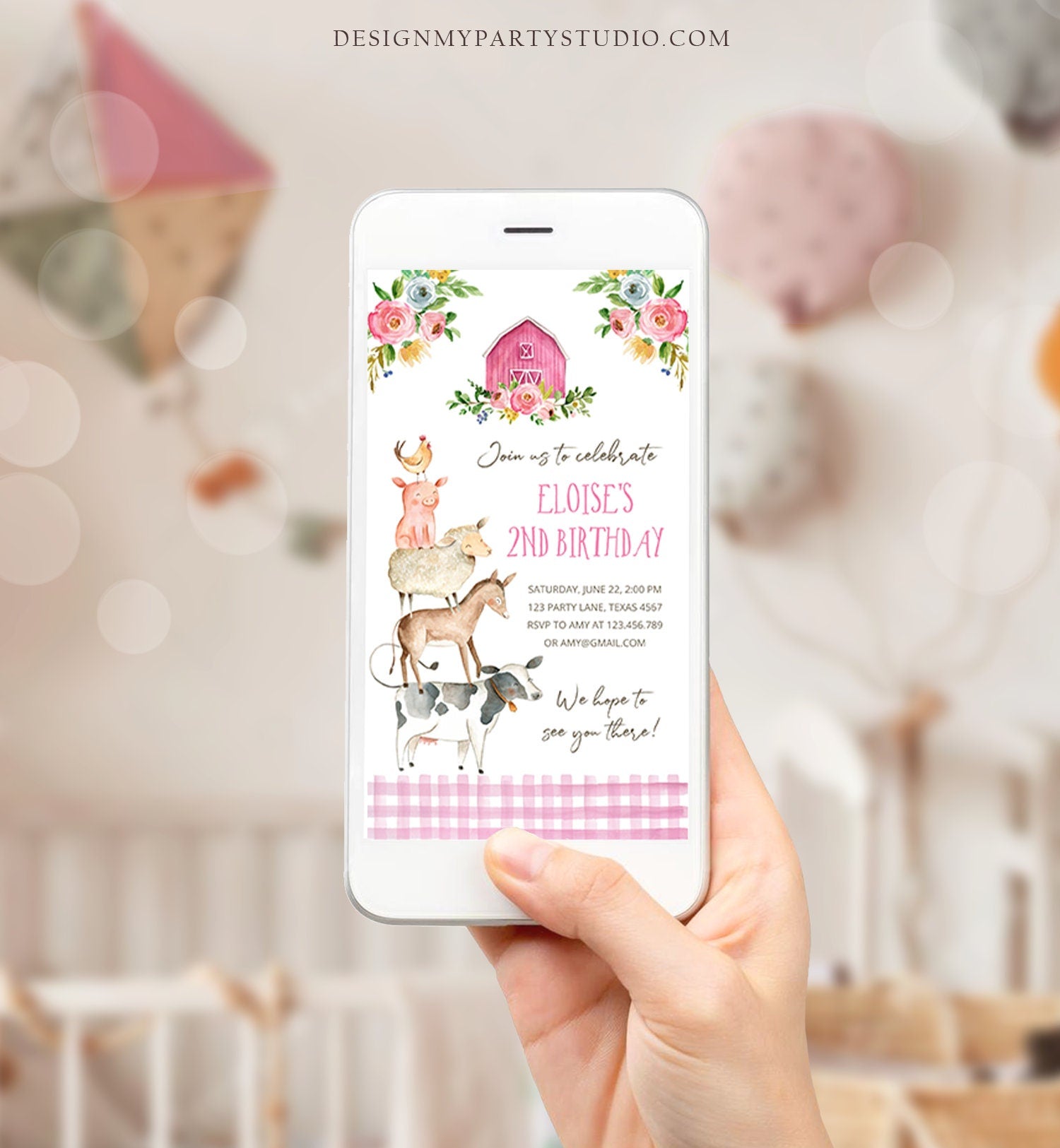 Editable Farm Birthday Evite Girl Farm Animals Pink Floral Barnyard Party Invitation Download Phone Invitation Template Digital Corjl 0155