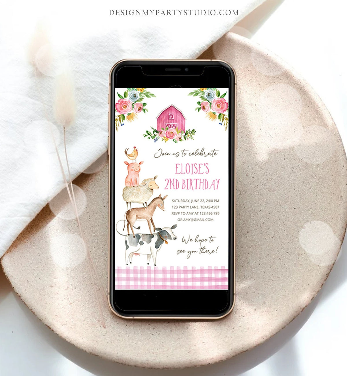 Editable Farm Birthday Evite Girl Farm Animals Pink Floral Barnyard Party Invitation Download Phone Invitation Template Digital Corjl 0155