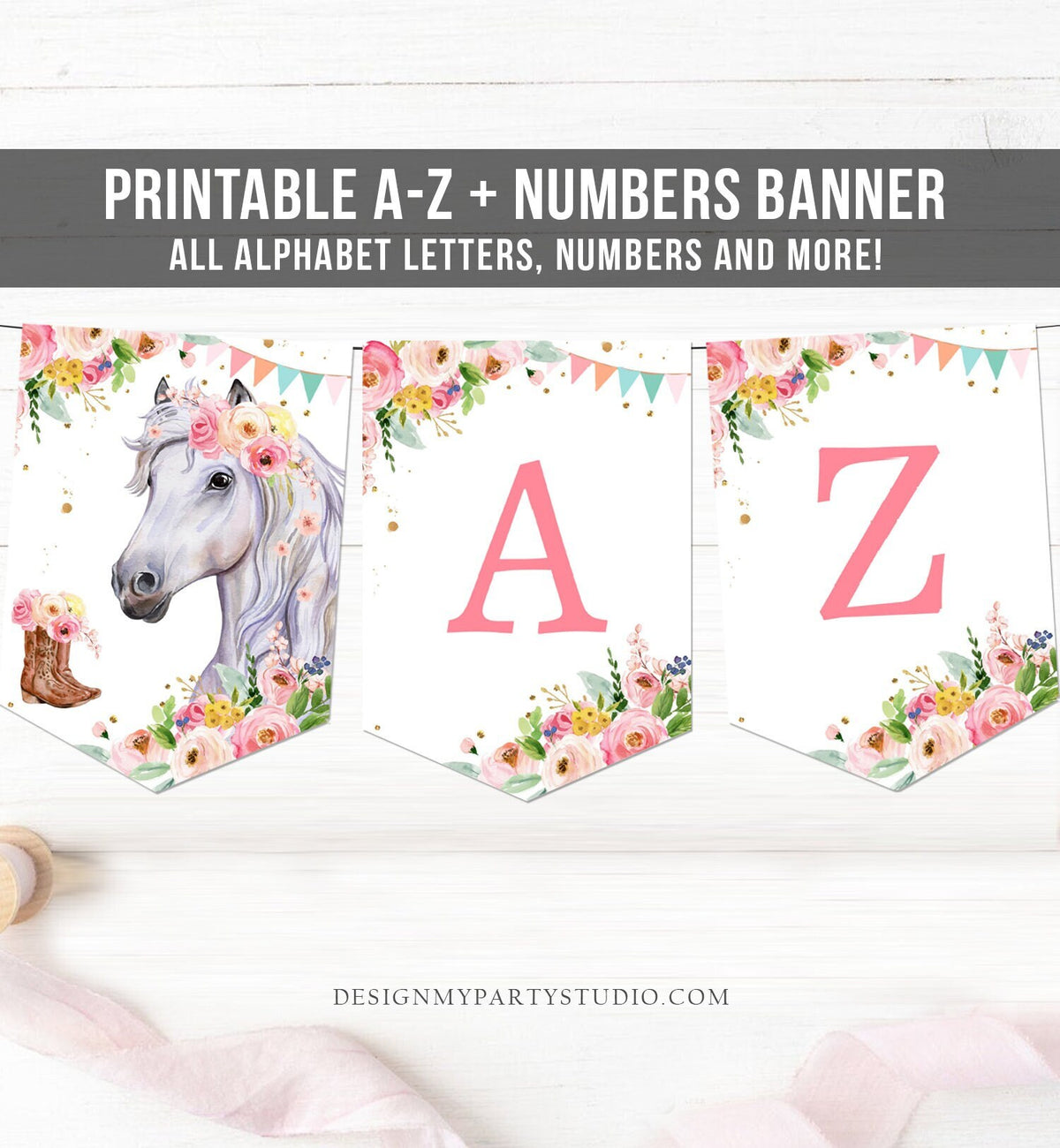 Horse Birthday Banner A-Z Alphabet Numbers Banner First Happy Birthday Banner Girl Pony Saddle Up Watercolor Cowgirl Decor Printable 0408