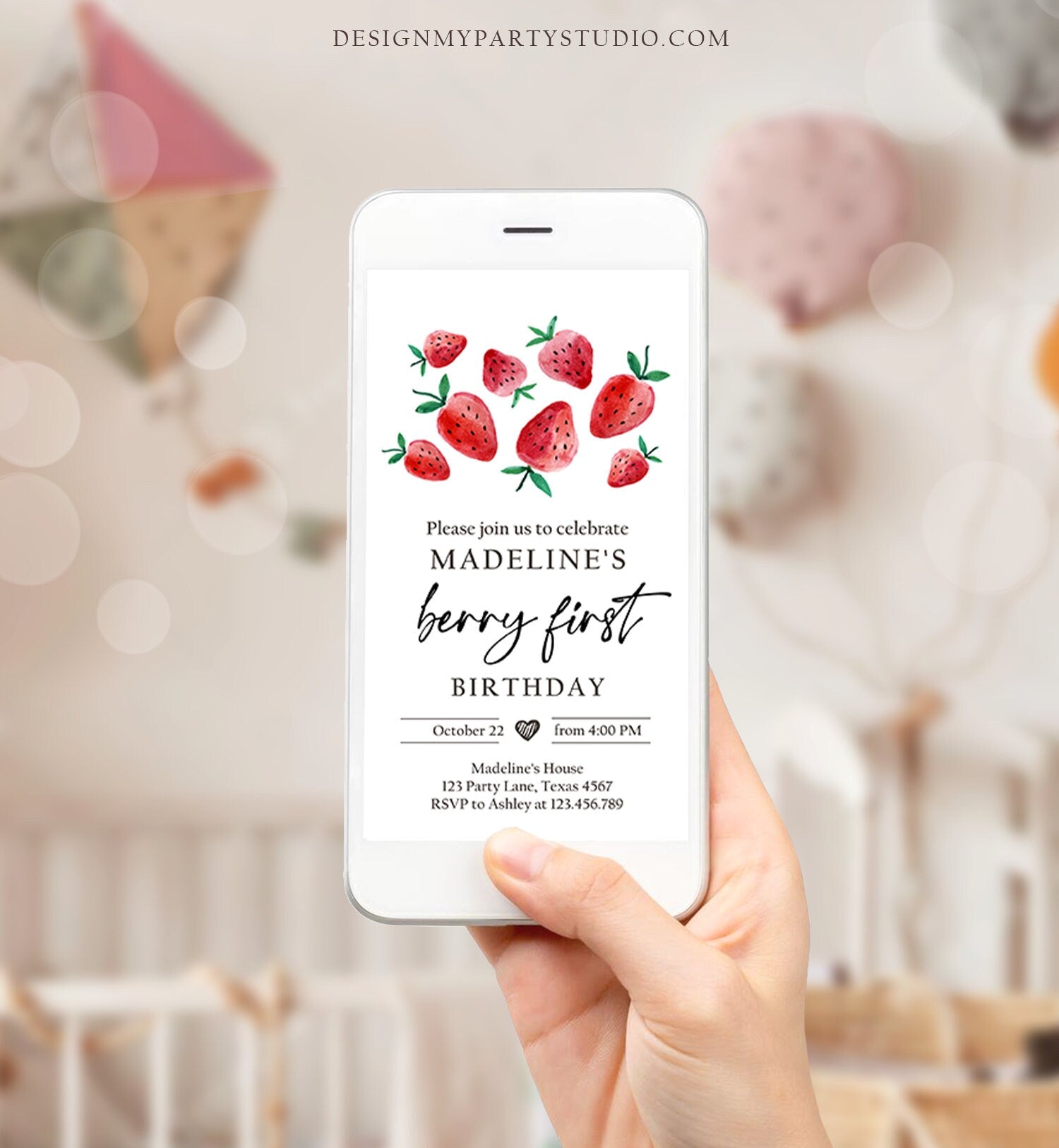 Editable Berry First Birthday Evite Electronic Strawberry Birthday Berry Sweet Strawberries 1st Digital Phone Template Corjl Digital 0399