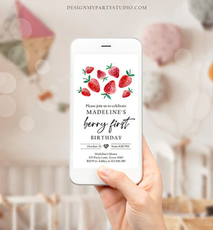 Editable Berry First Birthday Evite Electronic Strawberry Birthday Berry Sweet Strawberries 1st Digital Phone Template Corjl Digital 0399