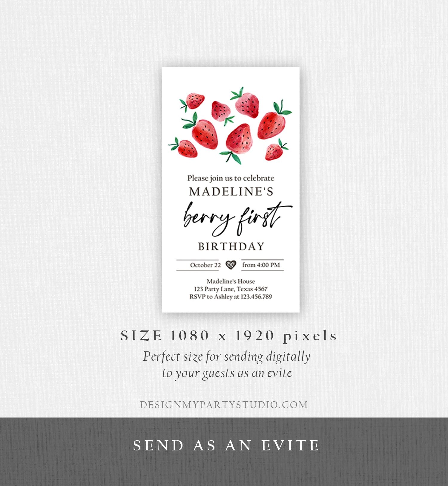 Editable Berry First Birthday Evite Electronic Strawberry Birthday Berry Sweet Strawberries 1st Digital Phone Template Corjl Digital 0399