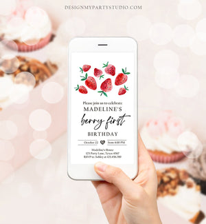 Editable Berry First Birthday Evite Electronic Strawberry Birthday Berry Sweet Strawberries 1st Digital Phone Template Corjl Digital 0399