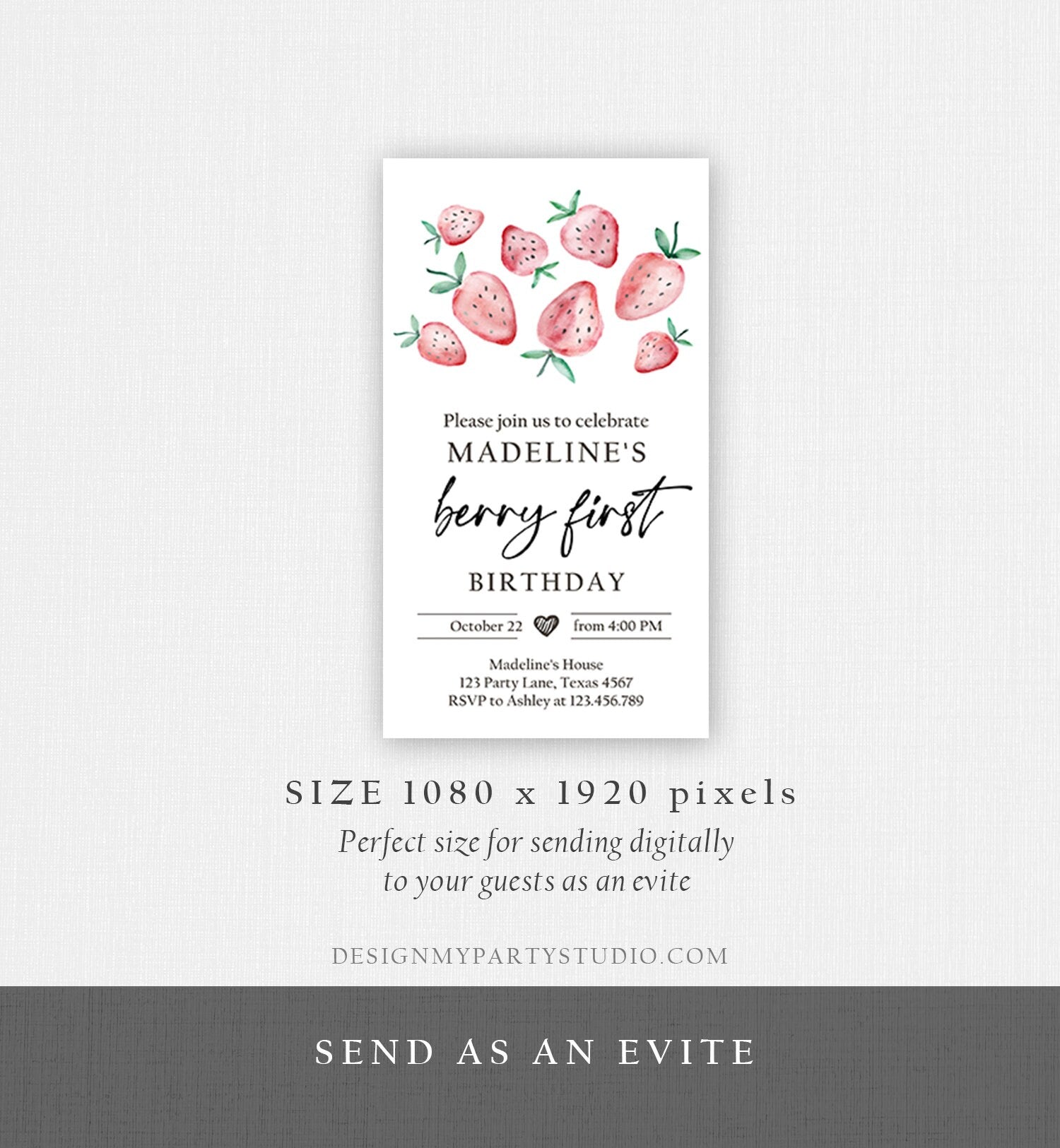 Editable Berry First Birthday Evite Electronic Strawberry Birthday Berry Sweet Strawberries 1st Digital Download Evite Phone Template 0399