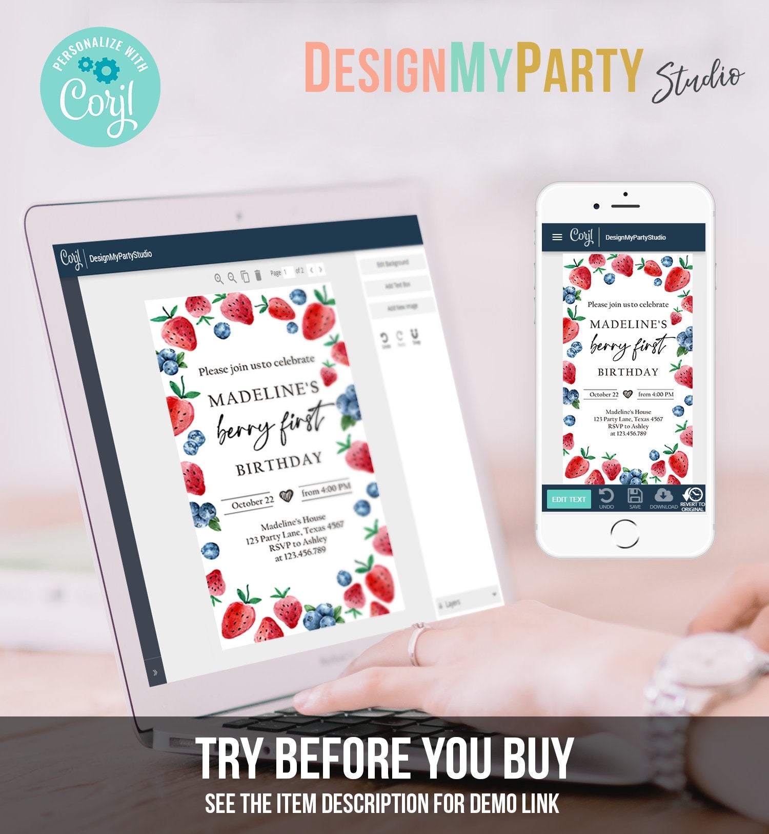 Editable Berry Sweet Birthday Evite Electronic Blueberry Strawberry Picking Party Farmers Market Digital Phone Template Corjl Digital 0399