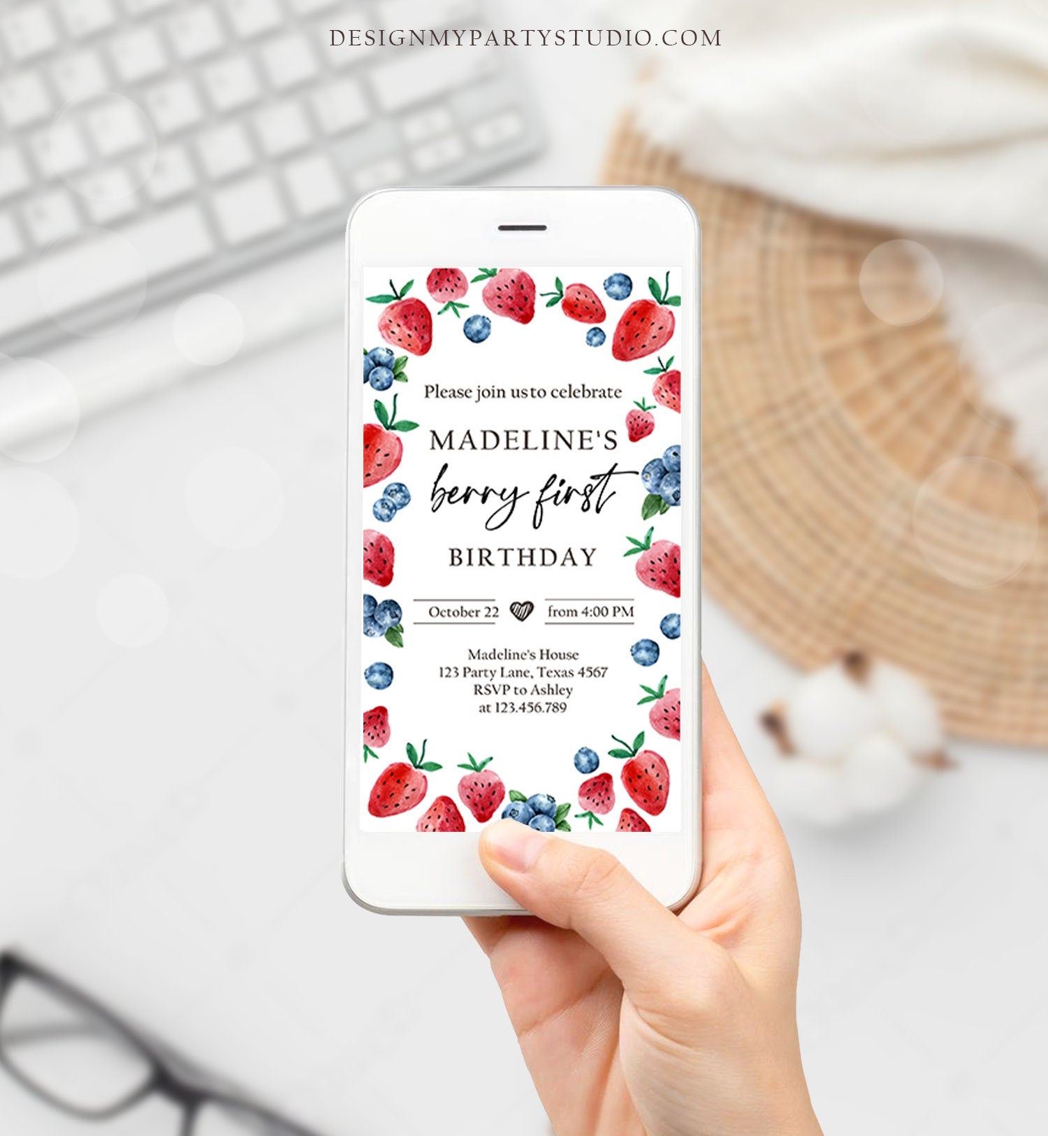 Editable Berry Sweet Birthday Evite Electronic Blueberry Strawberry Picking Party Farmers Market Digital Phone Template Corjl Digital 0399