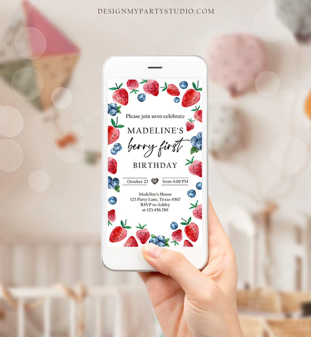 Editable Berry Sweet Birthday Evite Electronic Blueberry Strawberry Picking Party Farmers Market Digital Phone Template Corjl Digital 0399