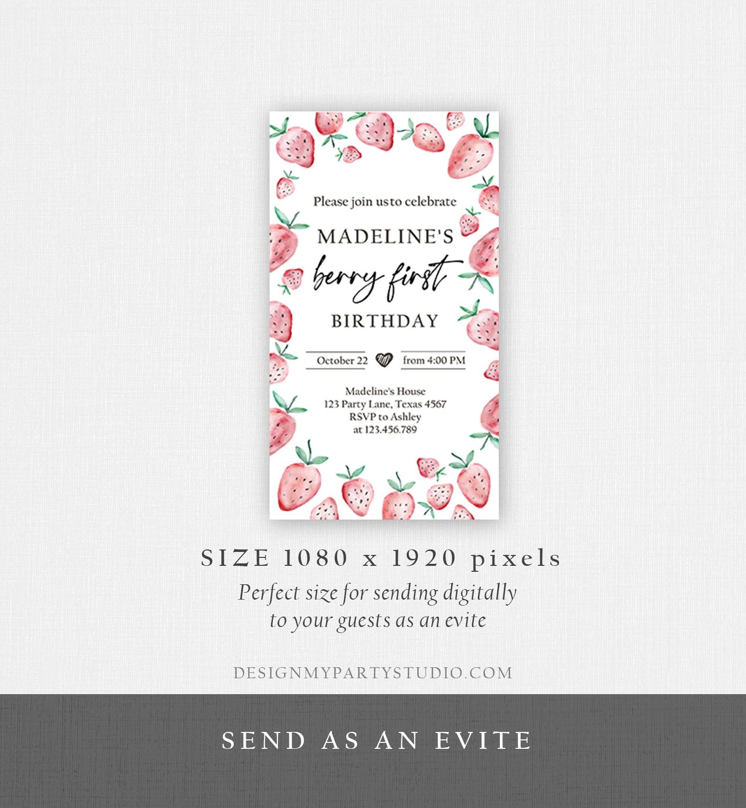 Editable Berry First Birthday Evite Electronic Strawberry Birthday Berry Sweet Strawberries 1st Digital Phone Template Corjl Digital 0399