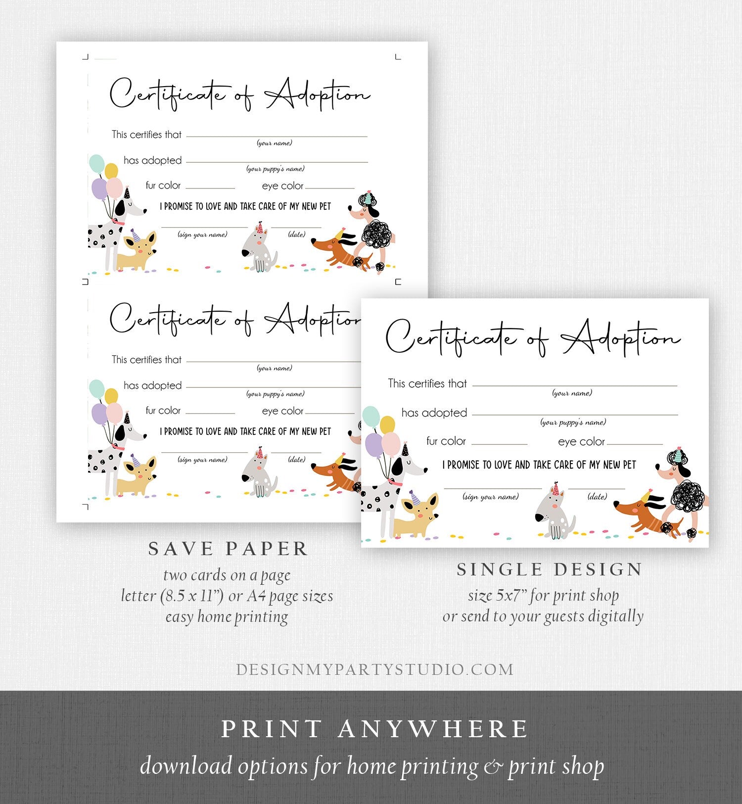 Pet Adoption Certificate Puppy Adoption Dog Birthday Party Adopt A Pet Girl Pink Vet Puppy Adoption Instant Download Digital PRINTABLE 0429