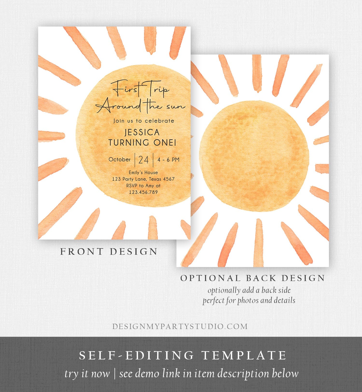 Editable First Trip Around The Sun Birthday Invitation 1st Birthday Sunshine Birthday Boho Download Printable Template Digital Corjl 0431