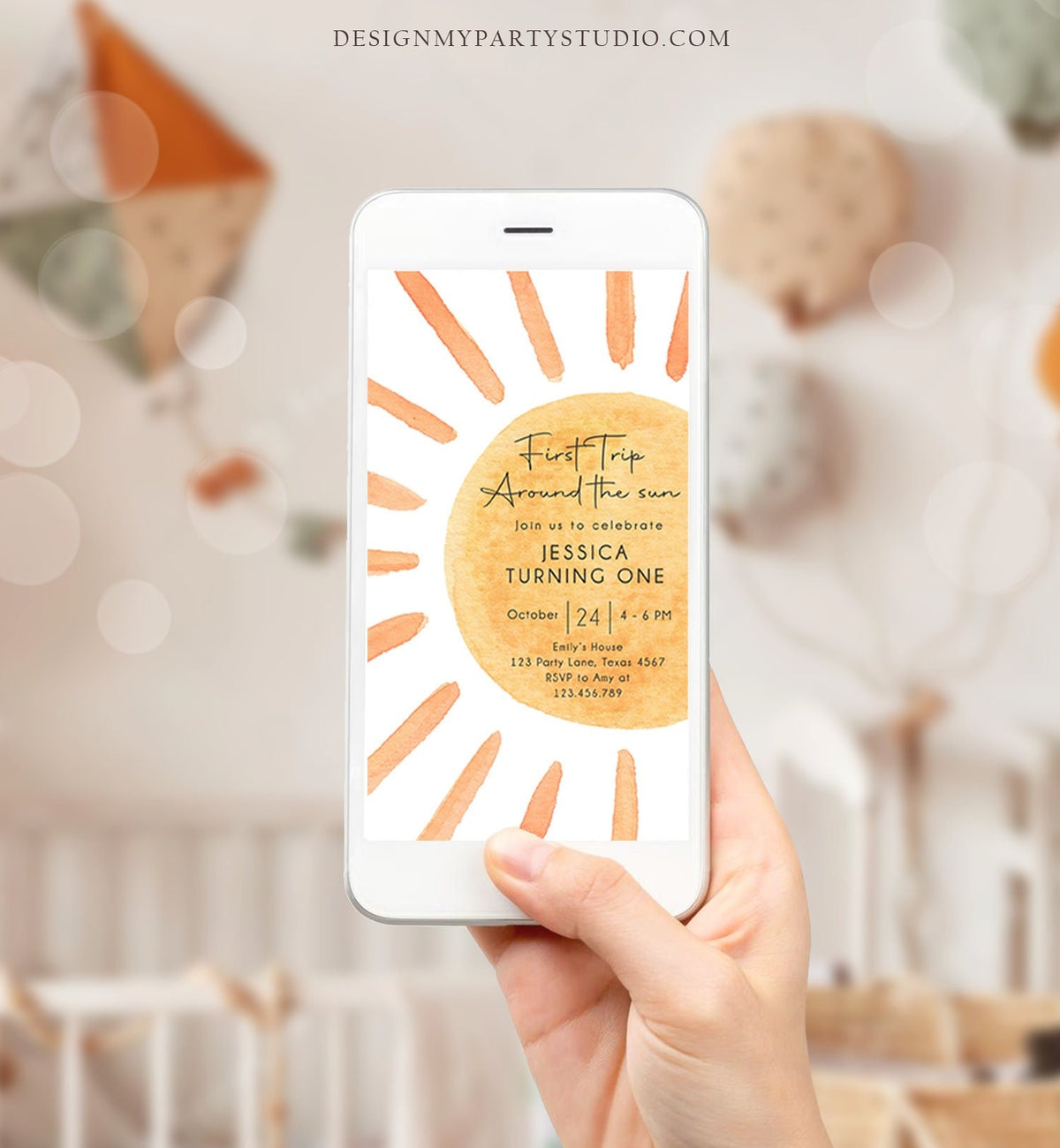 Editable First Trip Around The Sun Birthday Evite 1st Birthday Sunshine Neutral Boho Electronic Download Phone Template Digital Corjl 0431